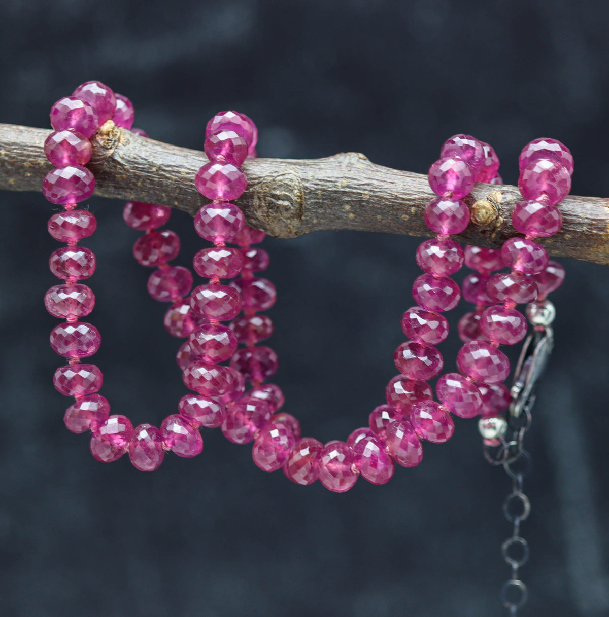 *LAST ONE* Pink Sapphire Hand Knotted Bead Necklace Sterling Silver