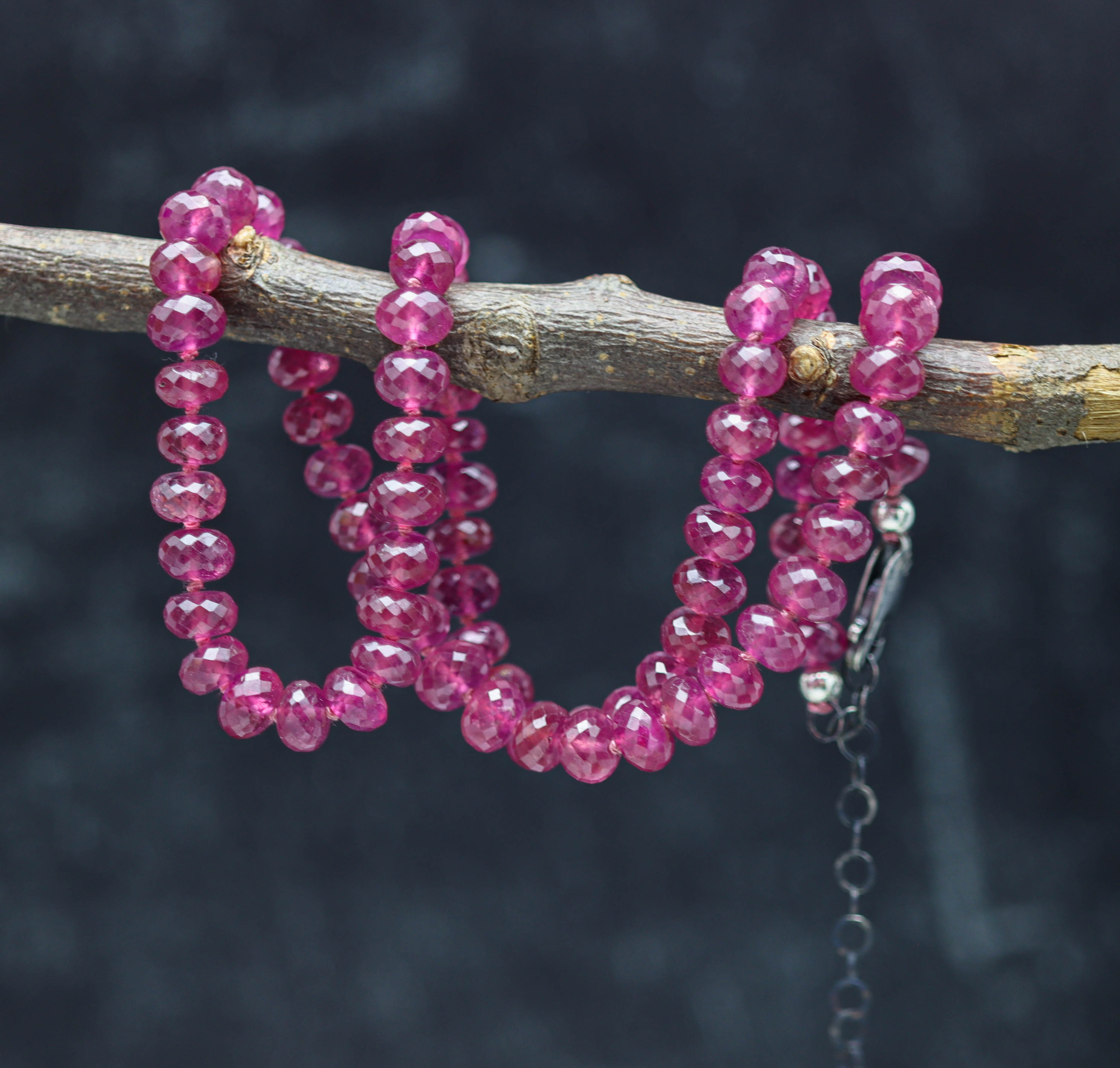 Pink Sapphire Hand Knotted Bead Necklace Sterling Silver