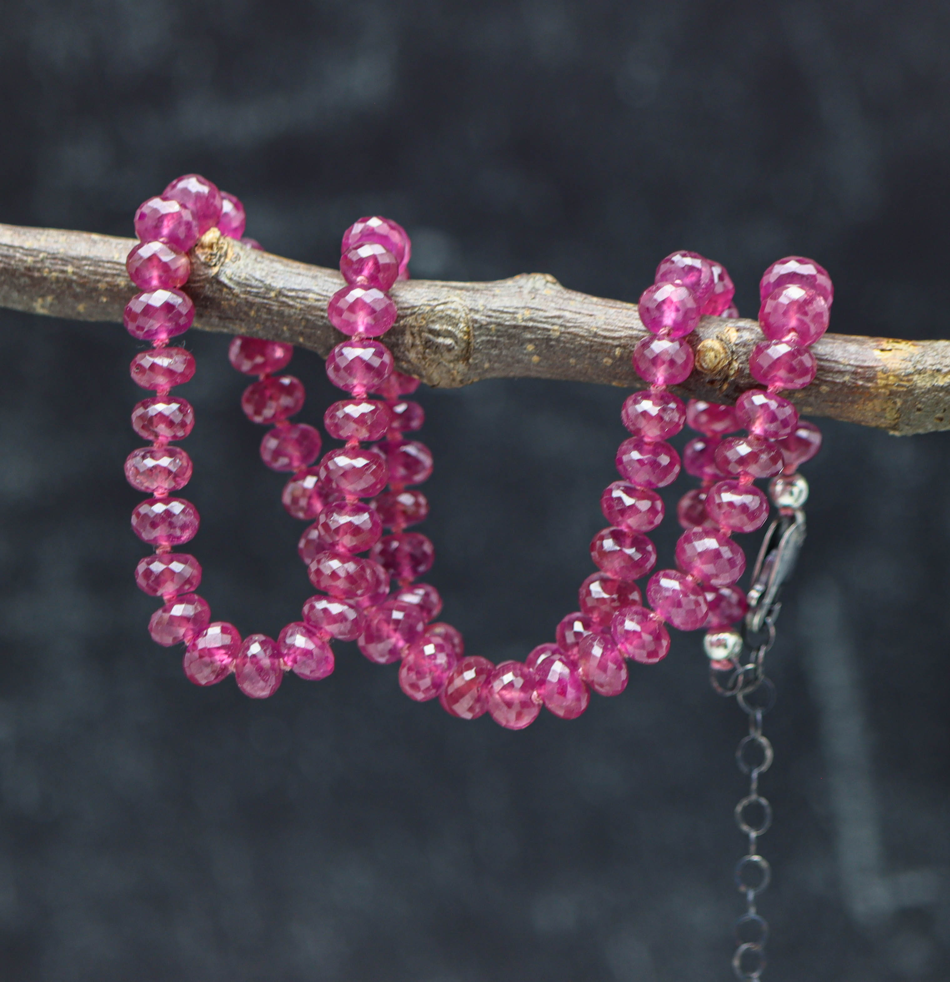 Pink Sapphire Hand Knotted Bead Necklace Sterling Silver