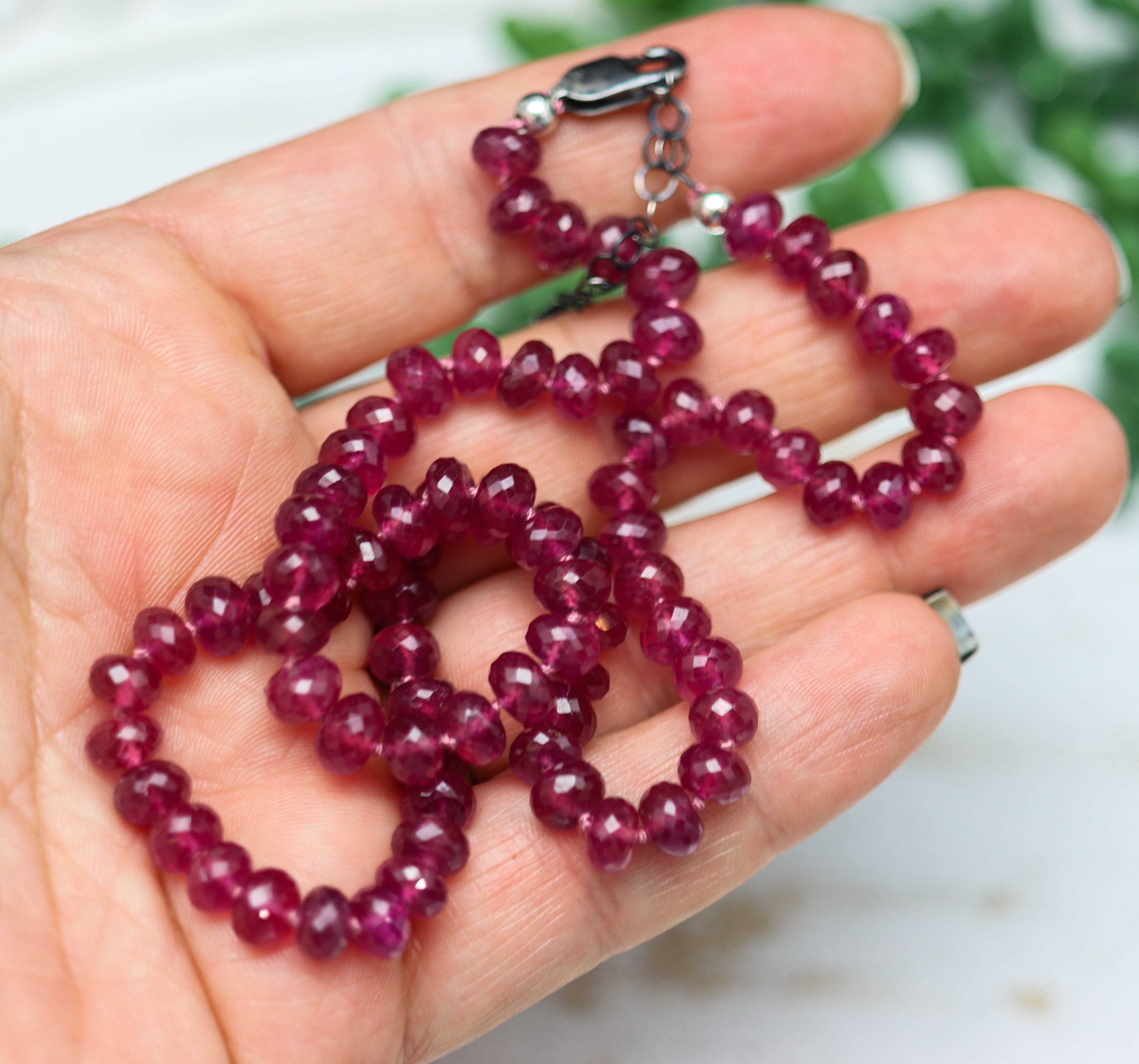 Pink Sapphire Hand Knotted Bead Necklace Sterling Silver