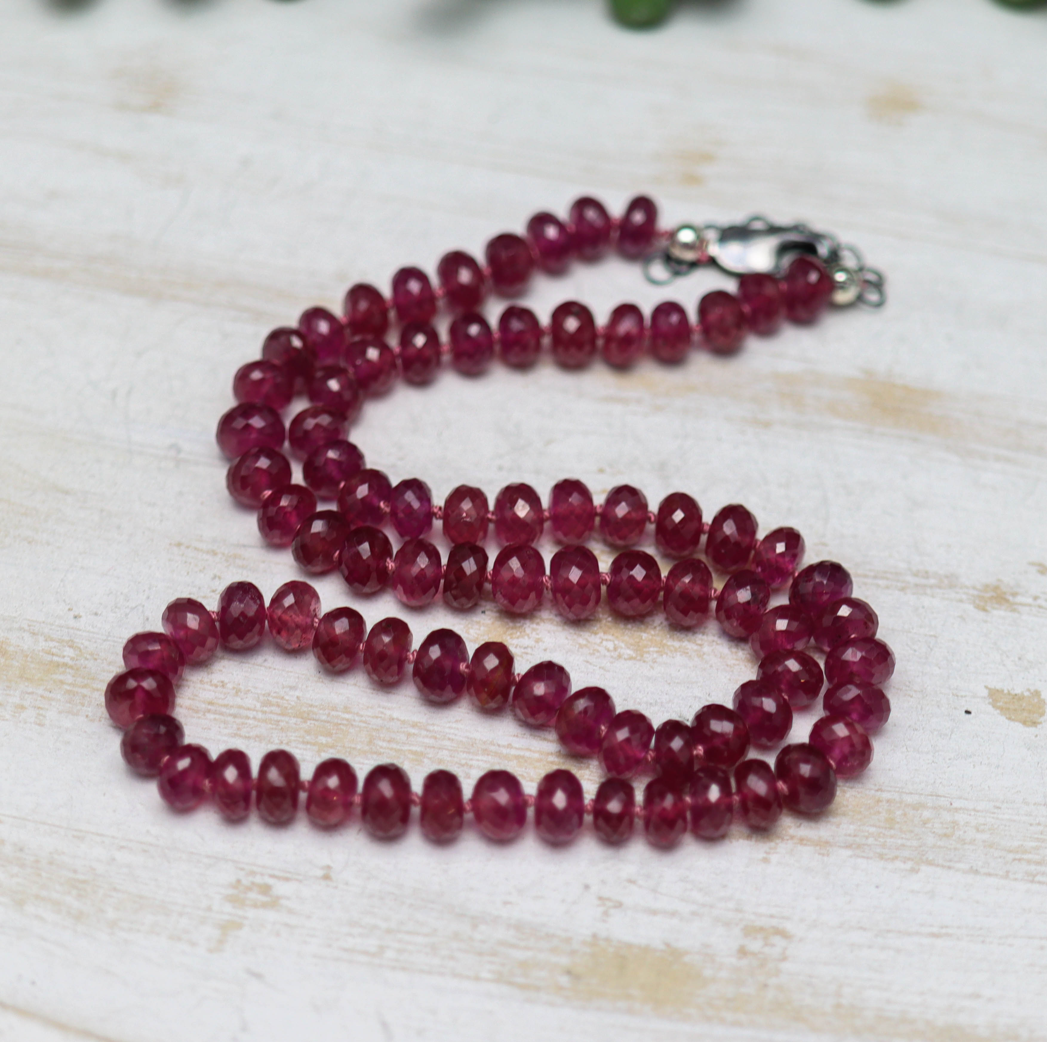 Pink Sapphire Hand Knotted Bead Necklace Sterling Silver
