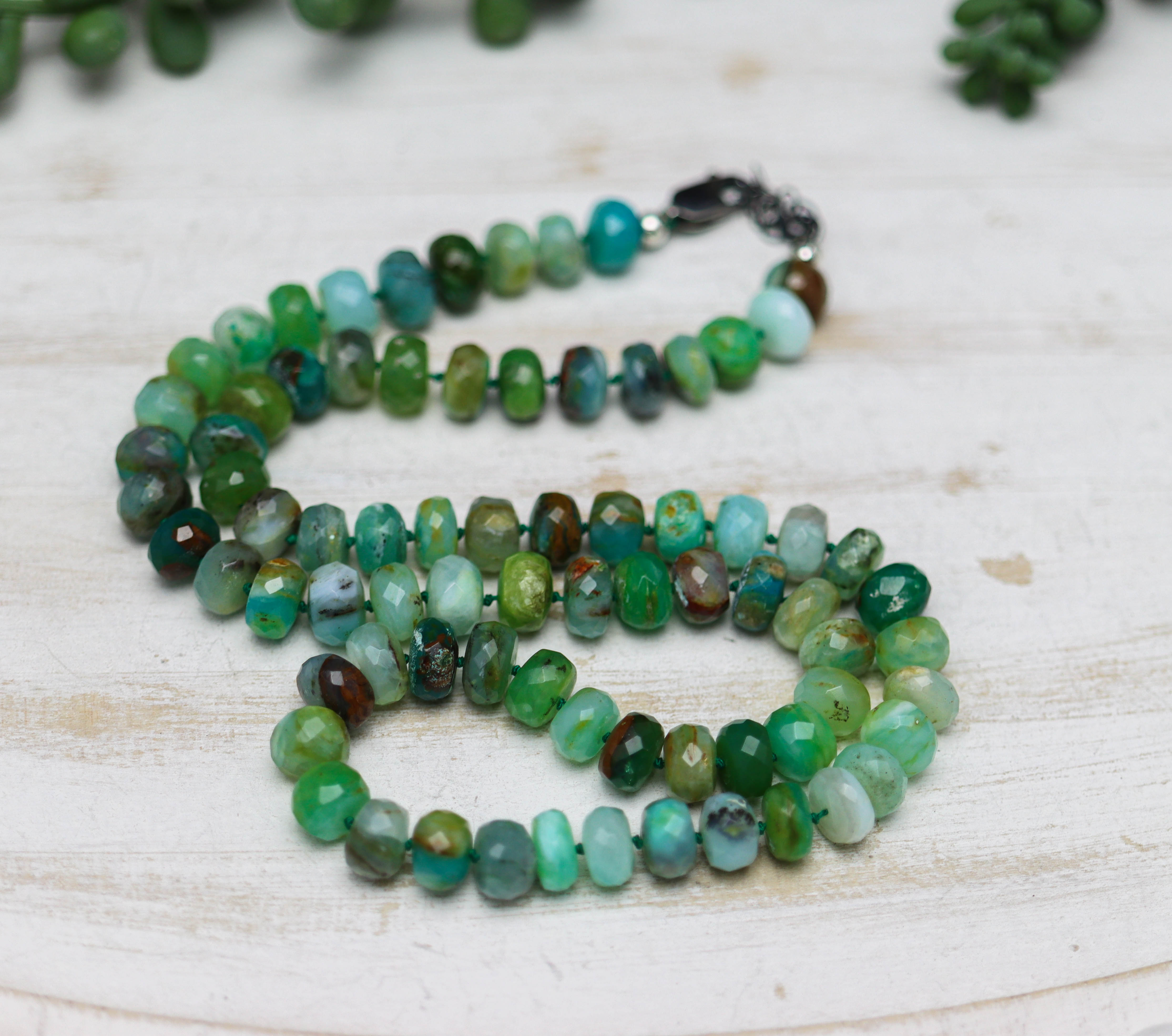 Peruvian Opal Hand Knotted Bead Necklace Sterling Silver
