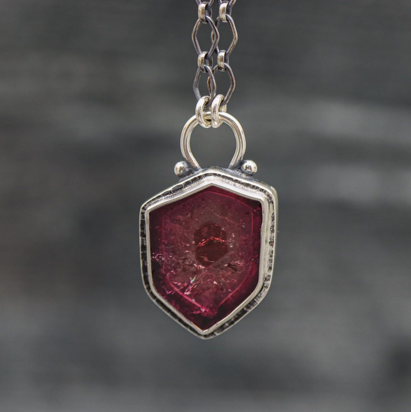 Raw Pink Watermelon Tourmaline Slice Pendant Necklace Sterling Silver