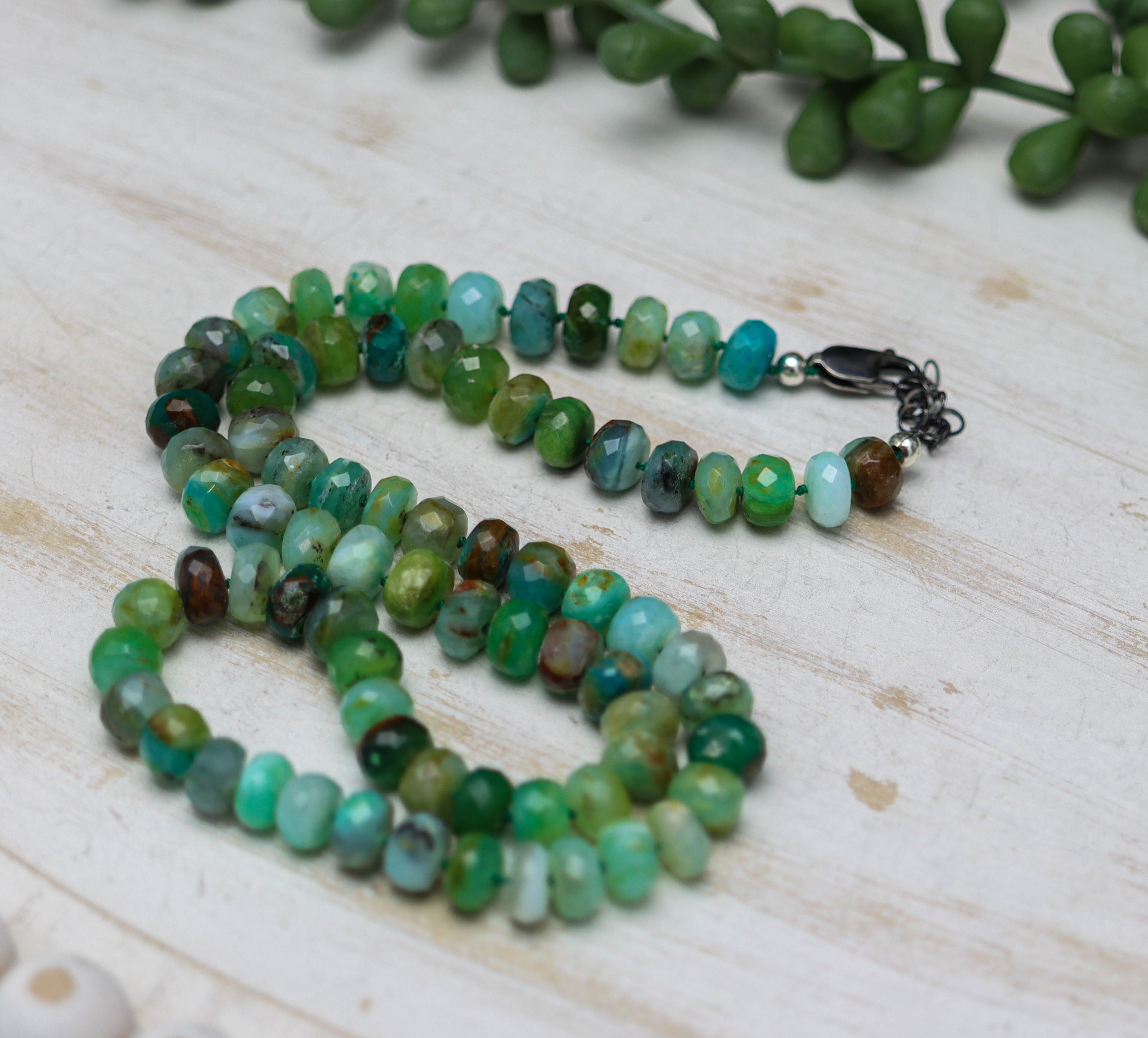 Peruvian Opal Hand Knotted Bead Necklace Sterling Silver