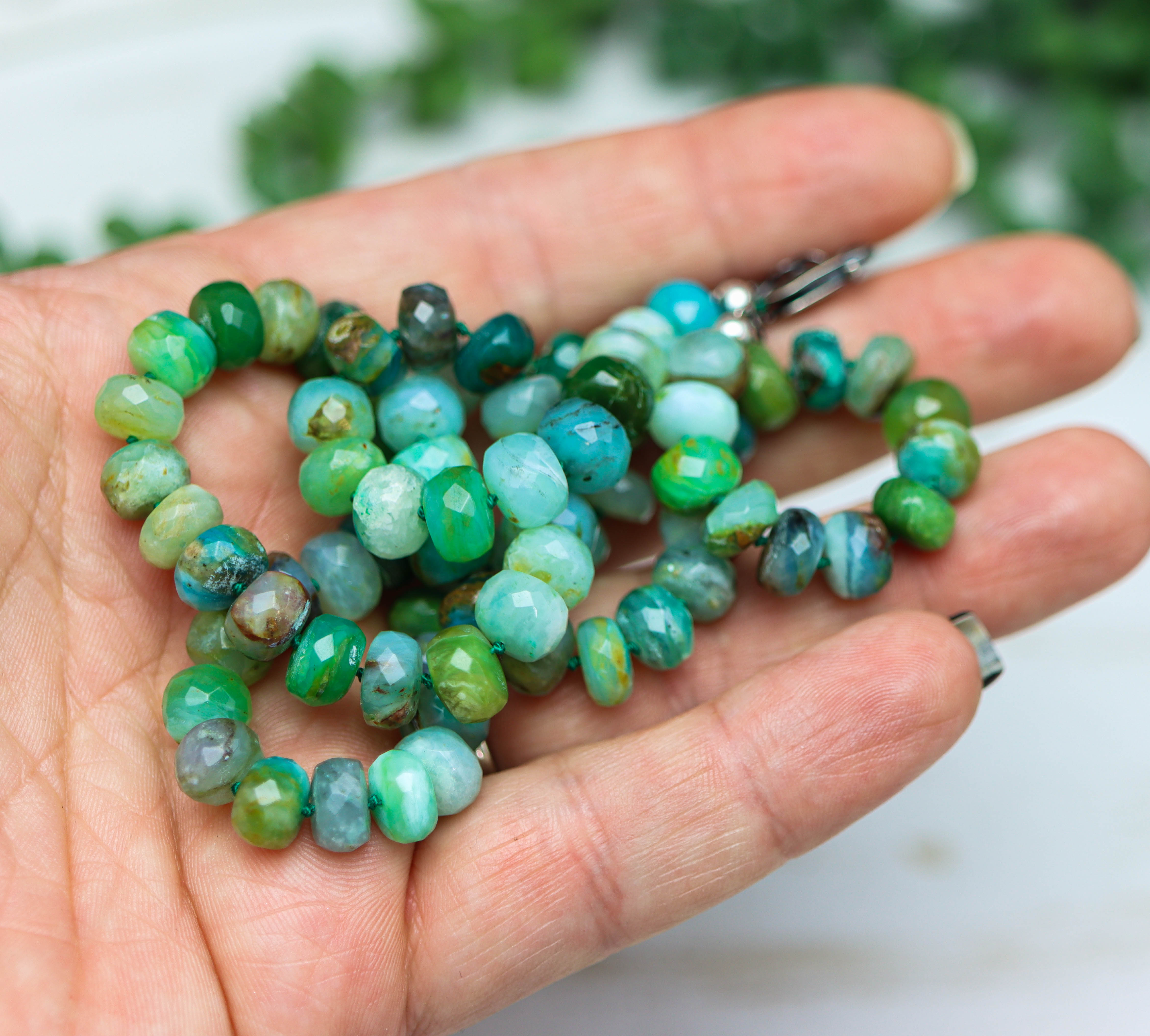 Peruvian Opal Hand Knotted Bead Necklace Sterling Silver