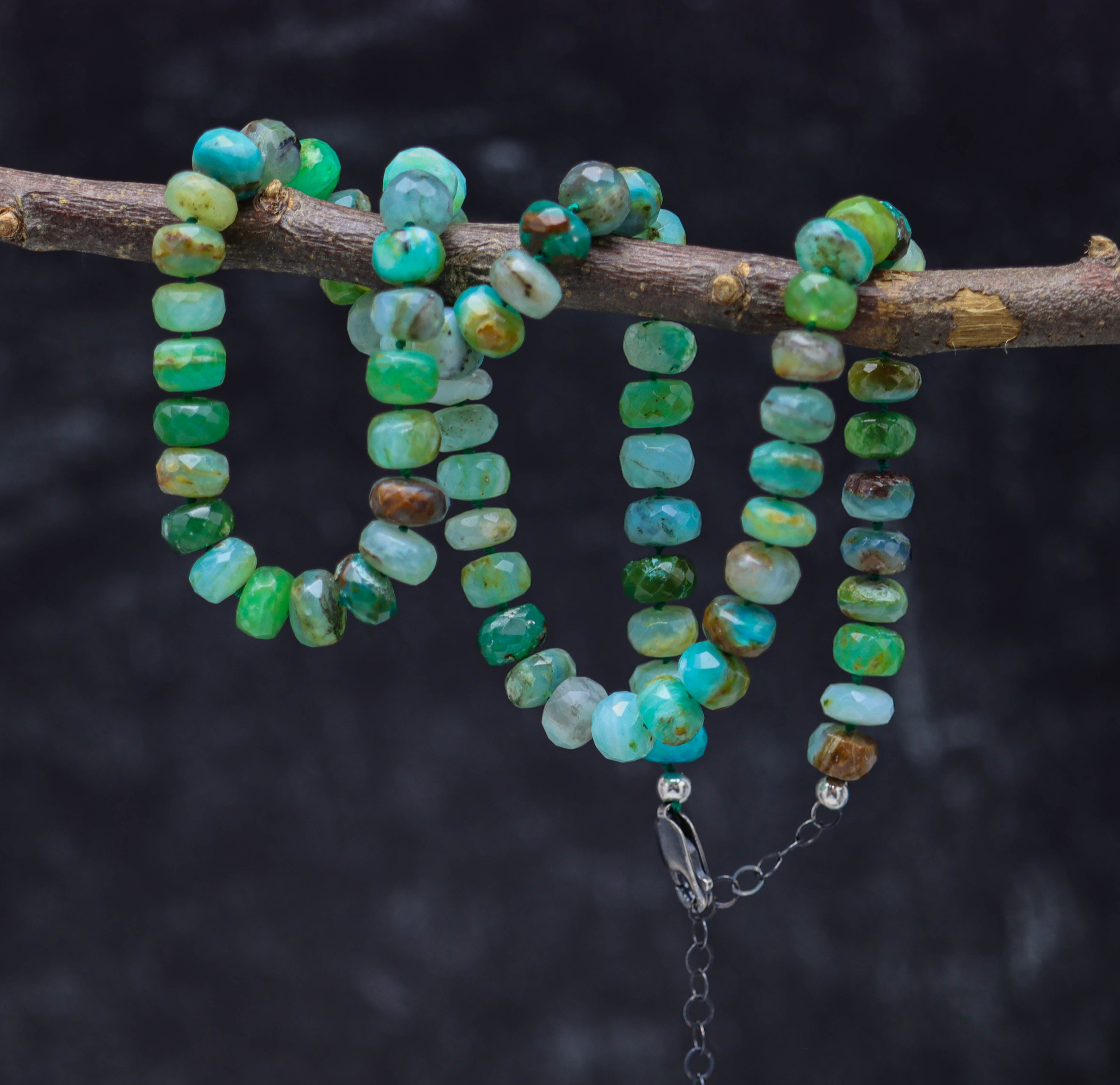 Peruvian Opal Hand Knotted Bead Necklace Sterling Silver