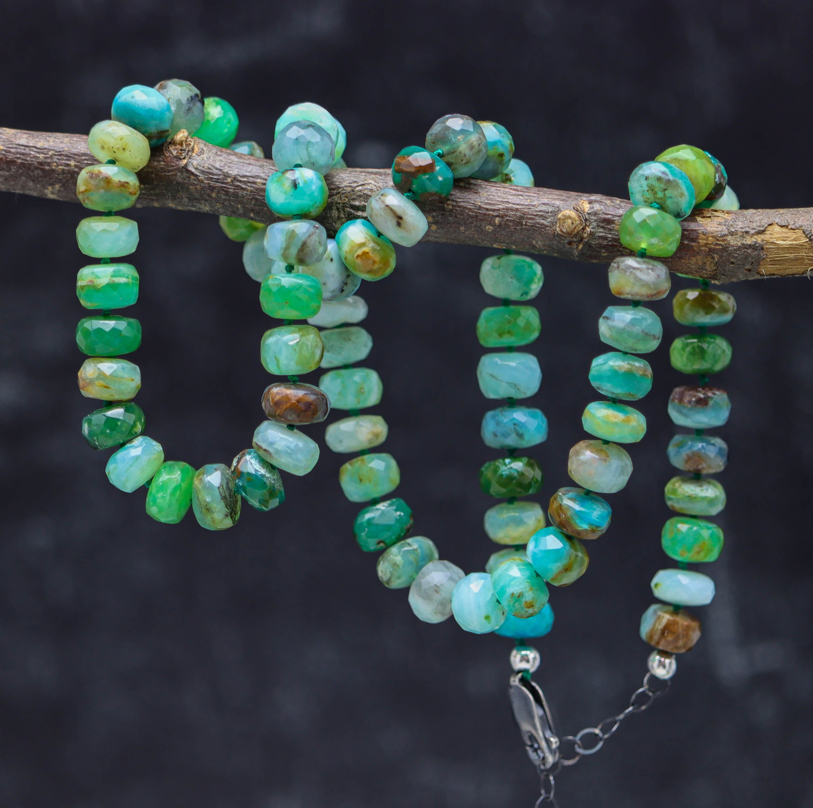 Peruvian Opal Hand Knotted Bead Necklace Sterling Silver
