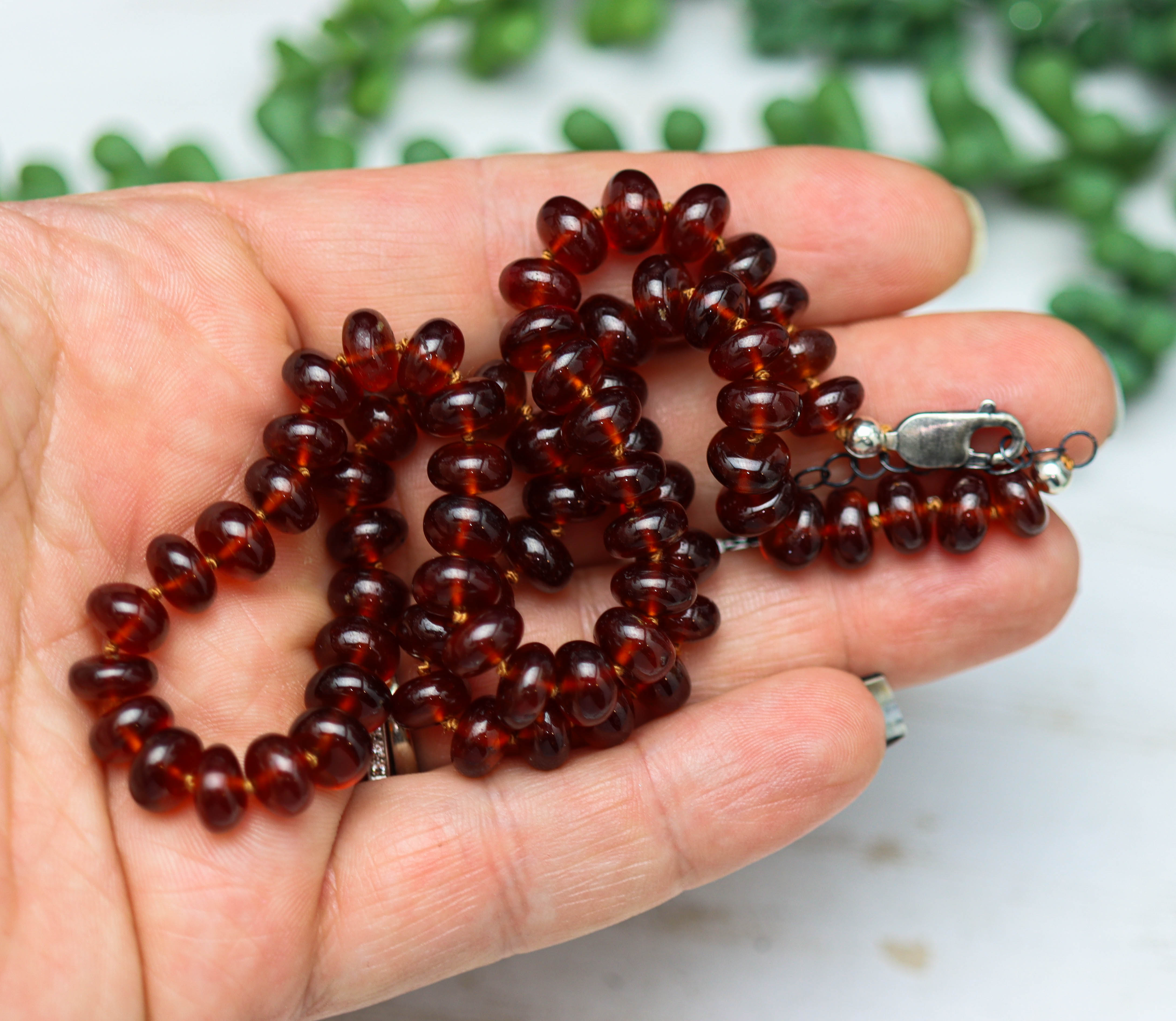 Hessonite Garnet Hand-Knotted Strand Necklace in Sterling Silver