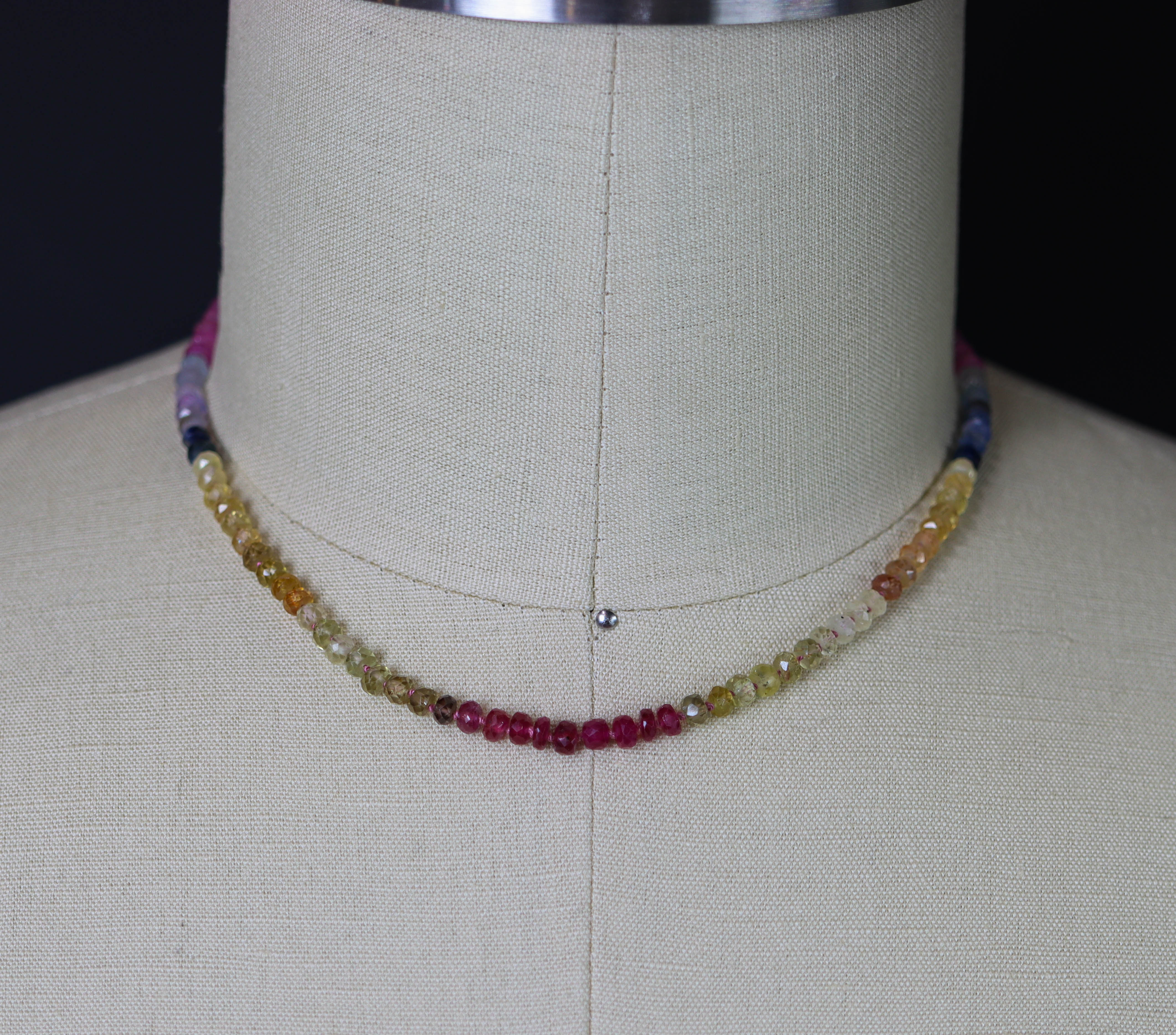 Multi Colored Sapphire Hand Knotted Bead Necklace Sterling Silver 16 inch