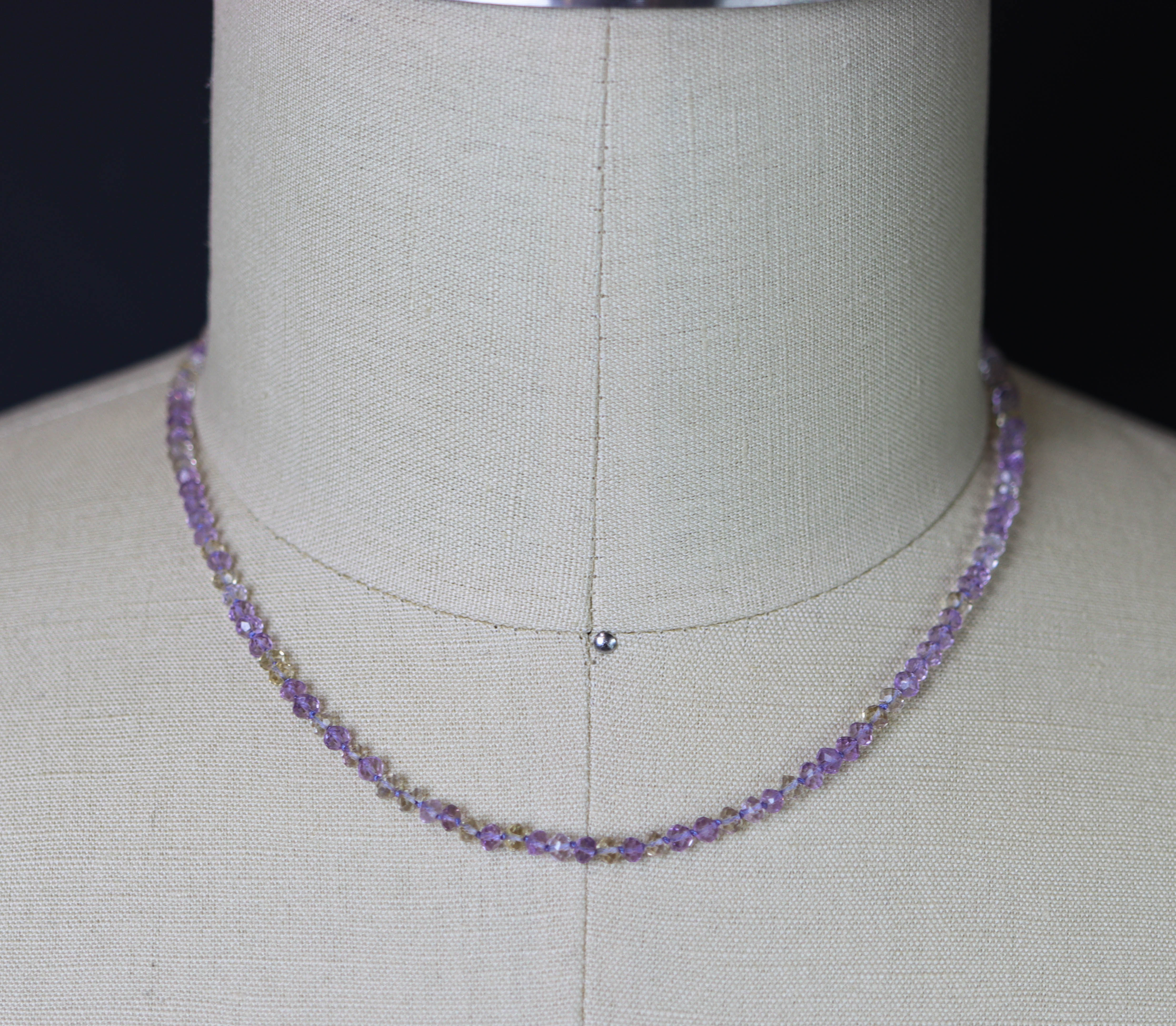 Ametrine Hand Knotted Bead Necklace Sterling Silver 18 inch