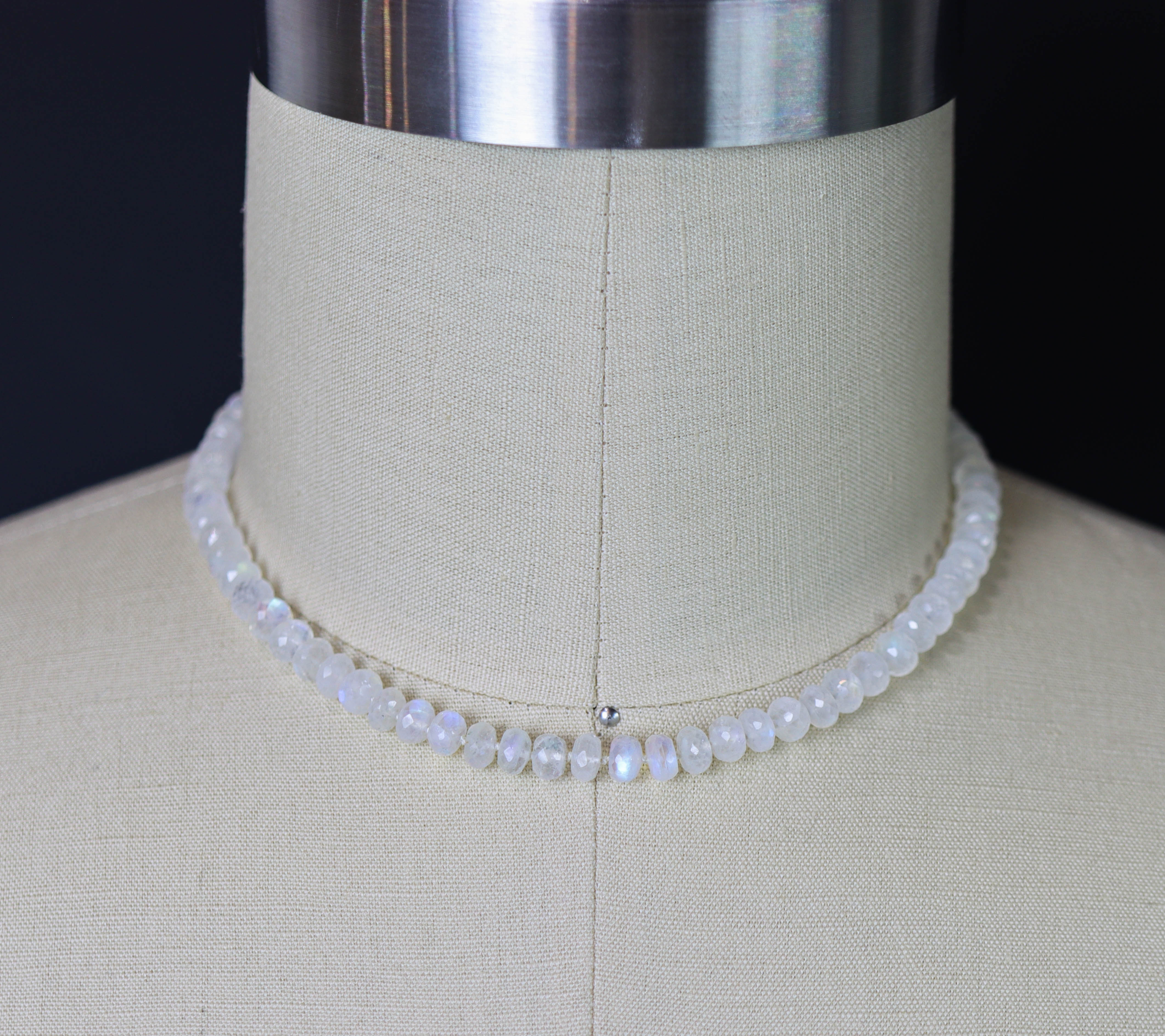 Rainbow Moonstone Hand Knotted Bead Necklace Sterling Silver 16 inch