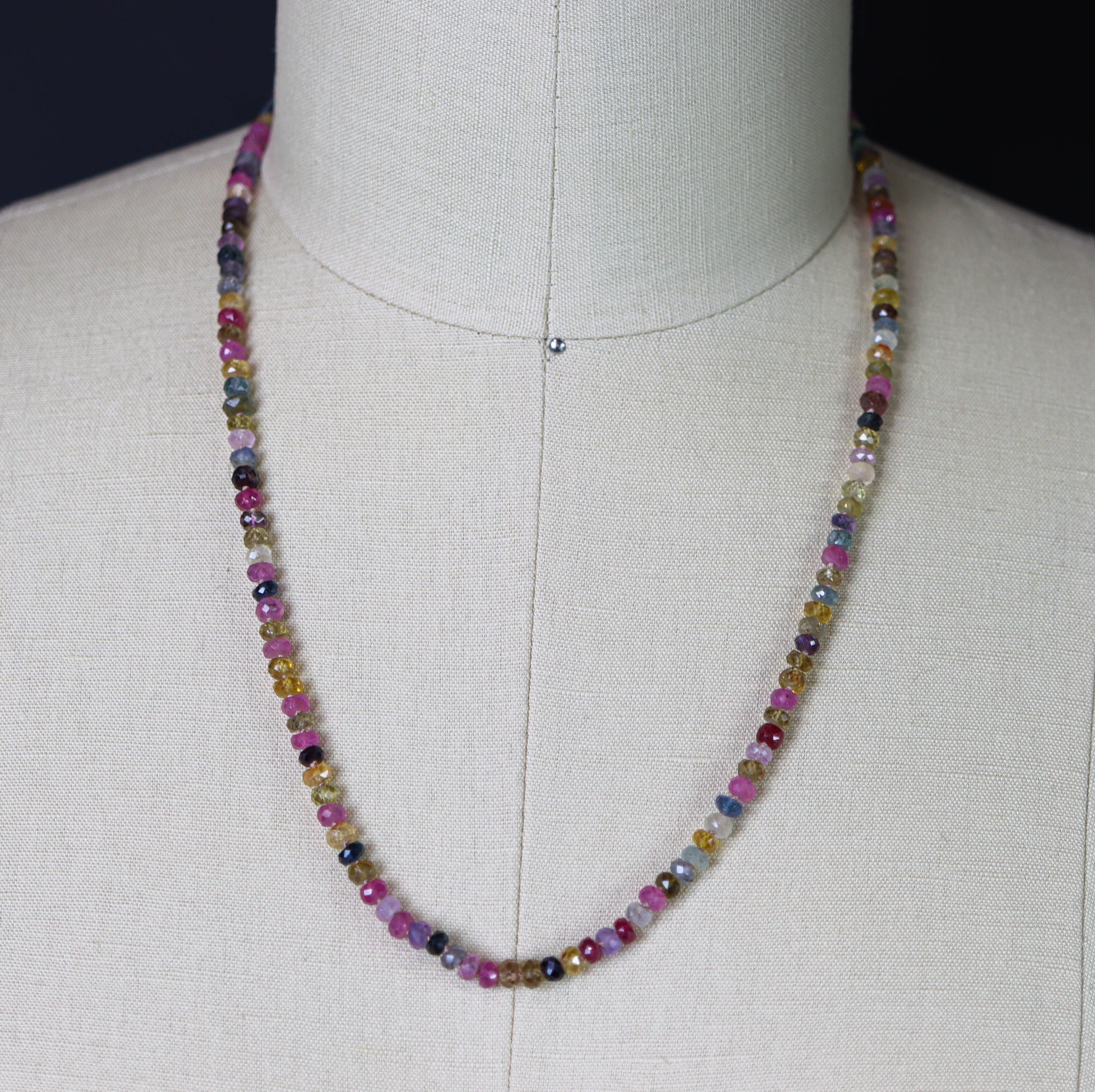 Multi Colored Sapphire Hand Knotted Bead Necklace Sterling Silver 24 inch