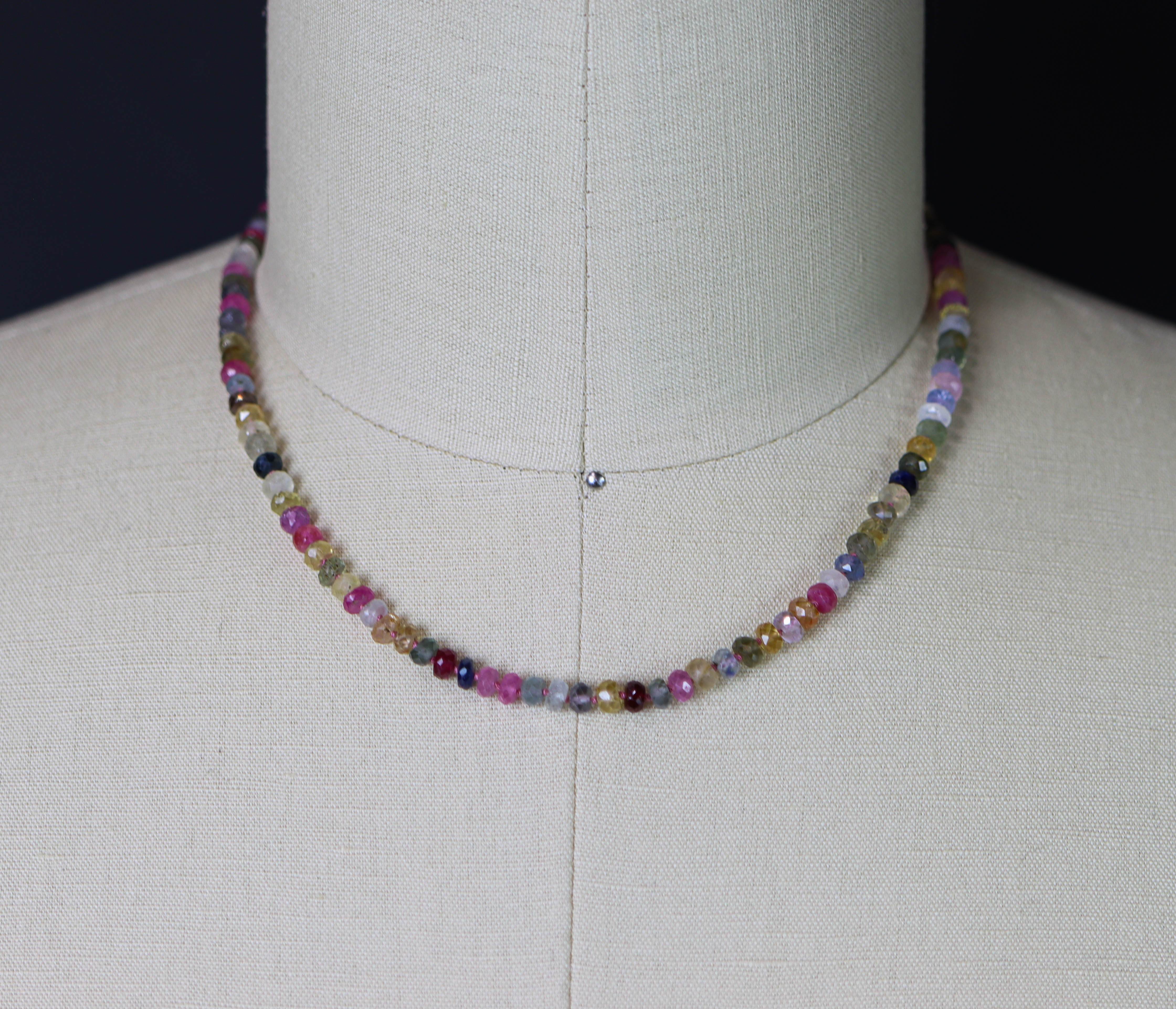 Multi Colored Sapphire Hand Knotted Bead Necklace Sterling Silver 18 inch