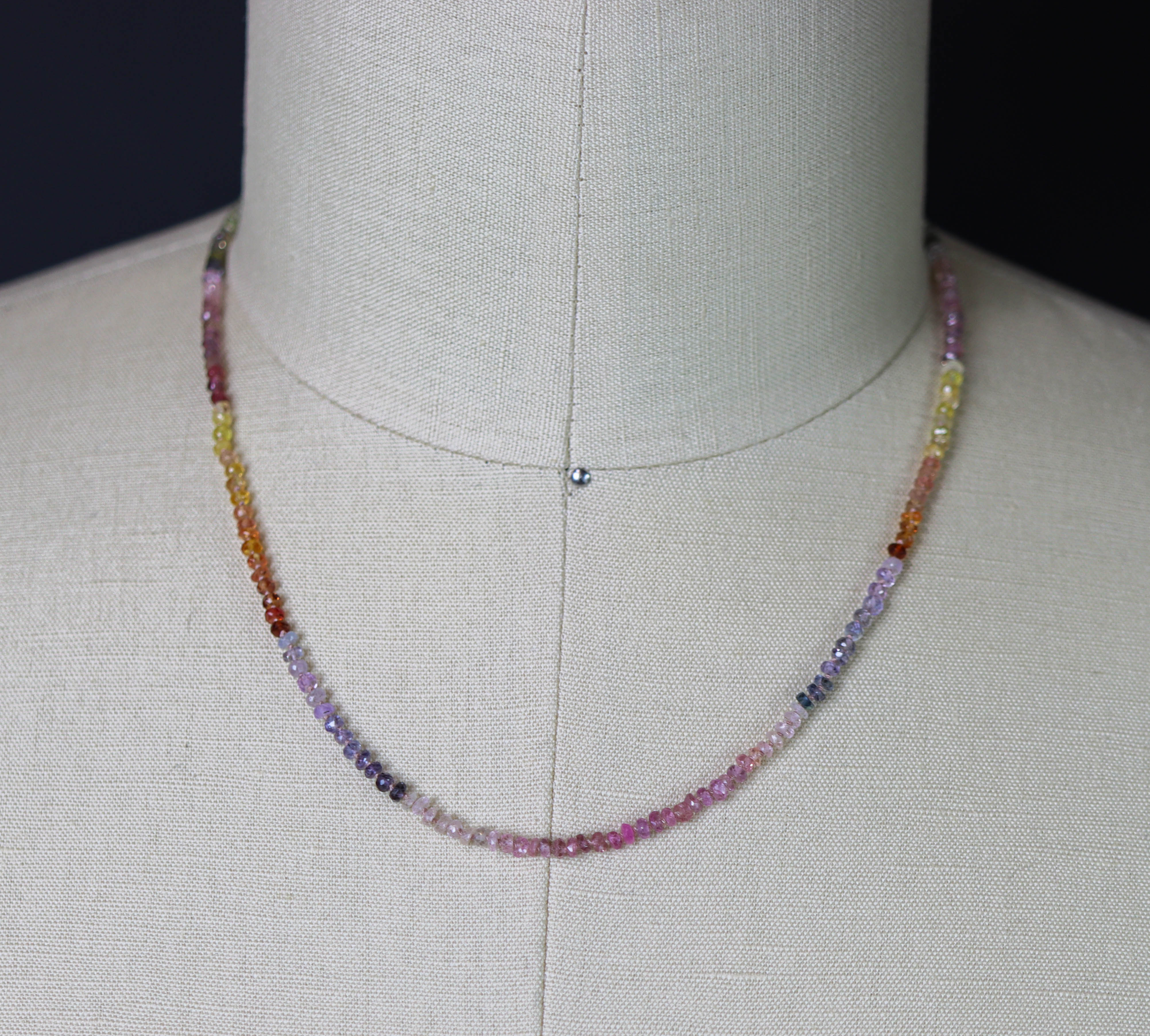 Multi Colored Sapphire Hand Knotted Bead Necklace Sterling Silver 19.5 inch
