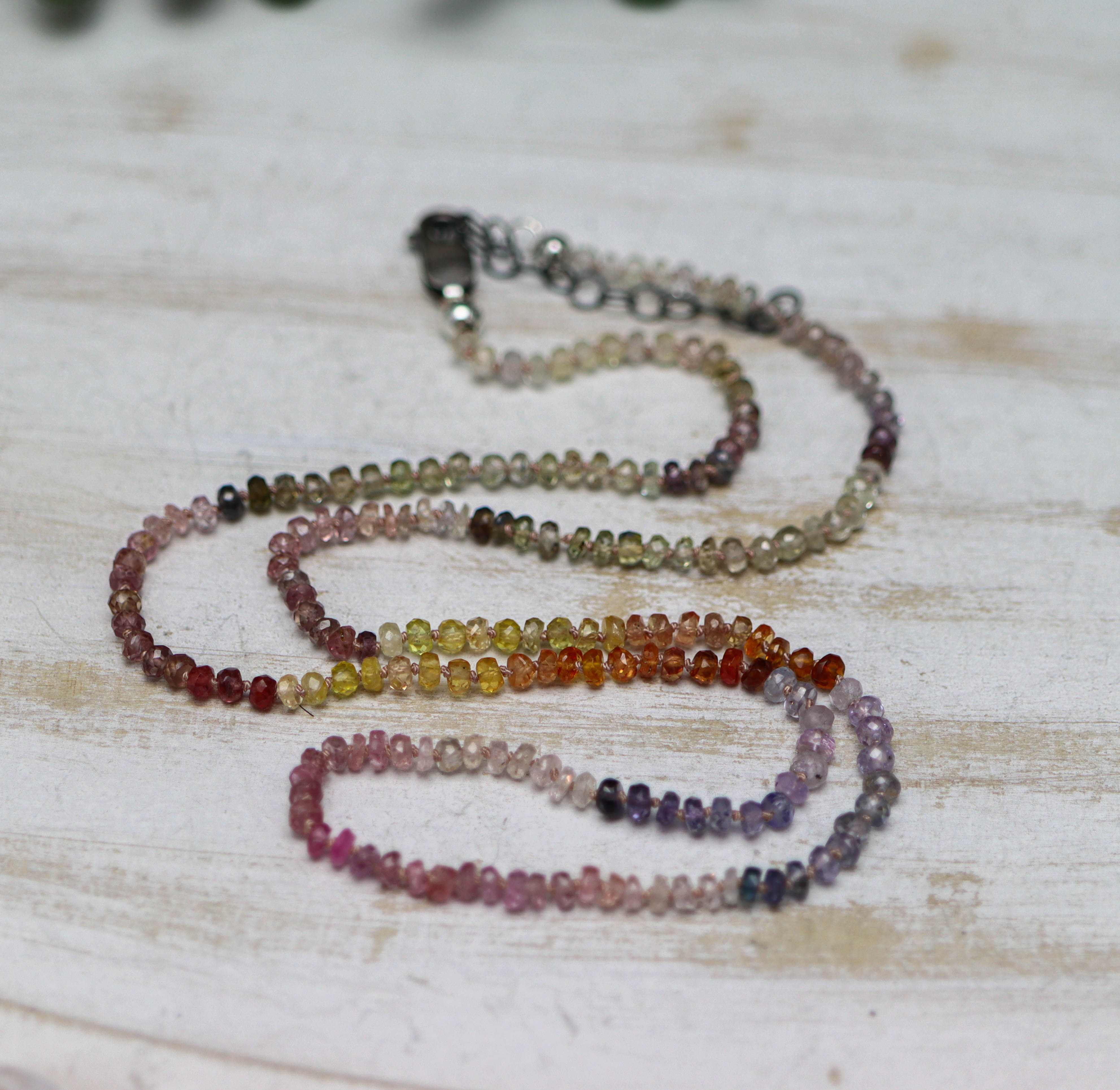 Multi Colored Sapphire Hand Knotted Bead Necklace Sterling Silver 19.5 inch