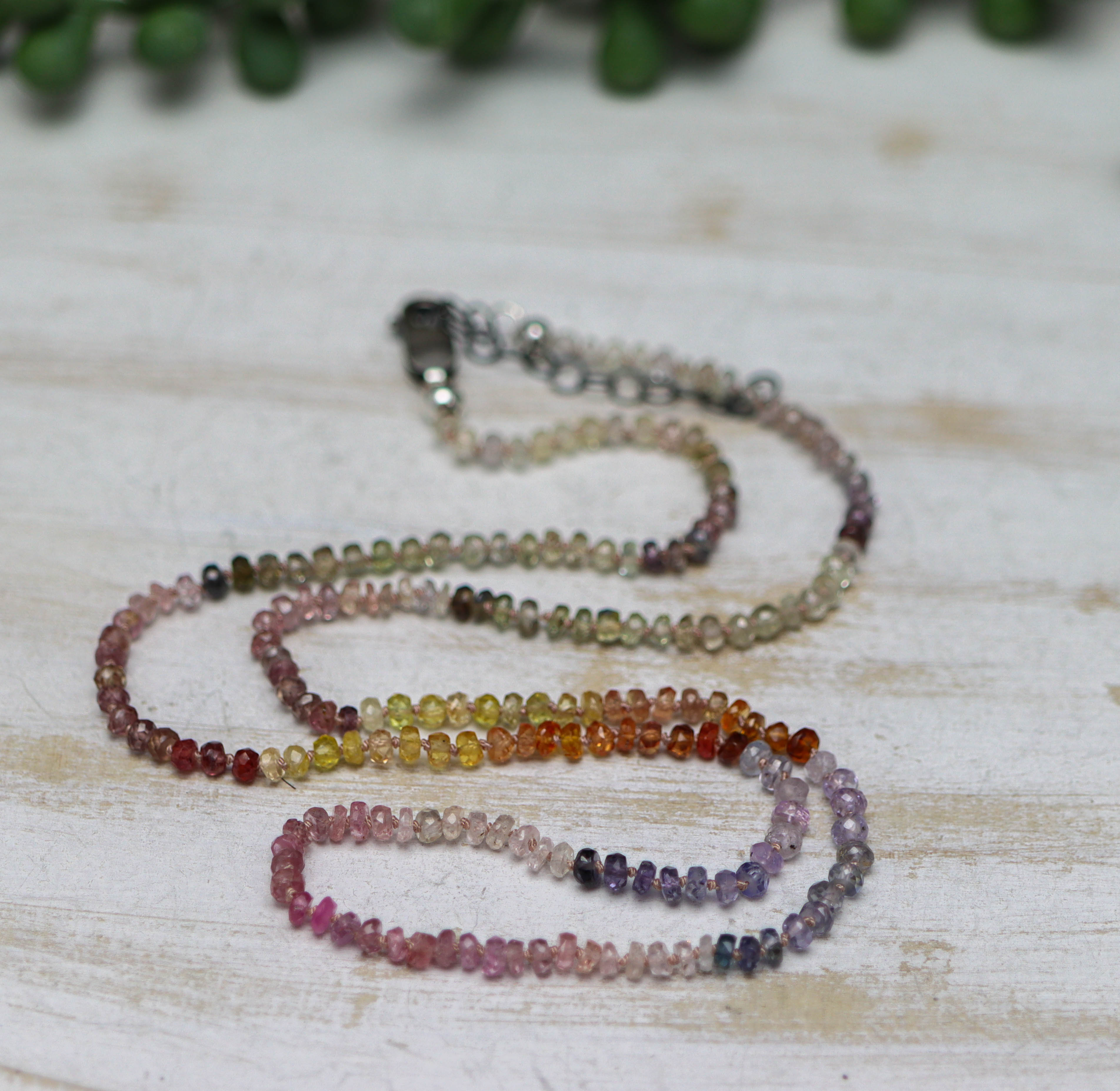 Multi Colored Sapphire Hand Knotted Bead Necklace Sterling Silver 19.5 inch