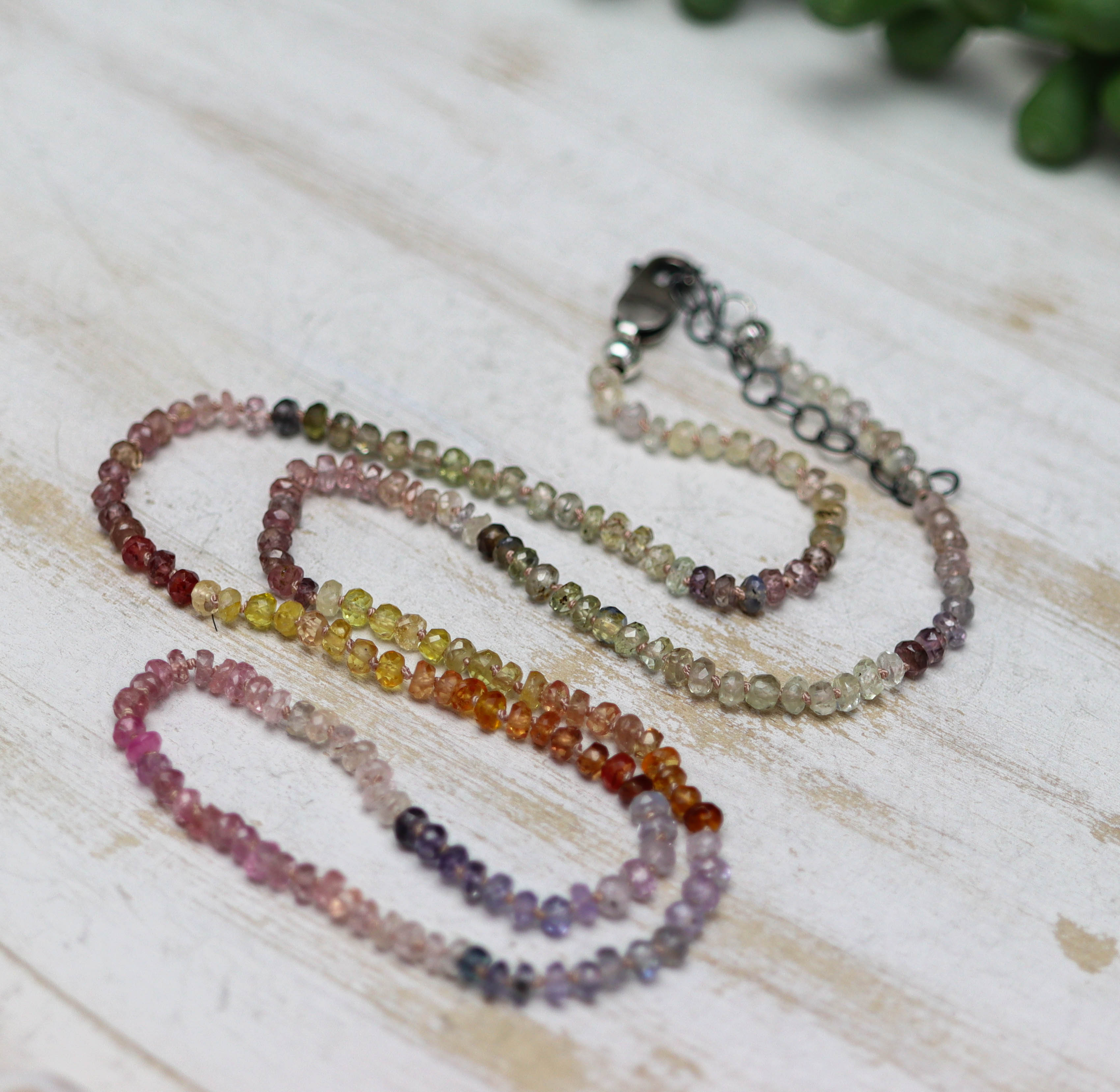 Multi Colored Sapphire Hand Knotted Bead Necklace Sterling Silver 19.5 inch