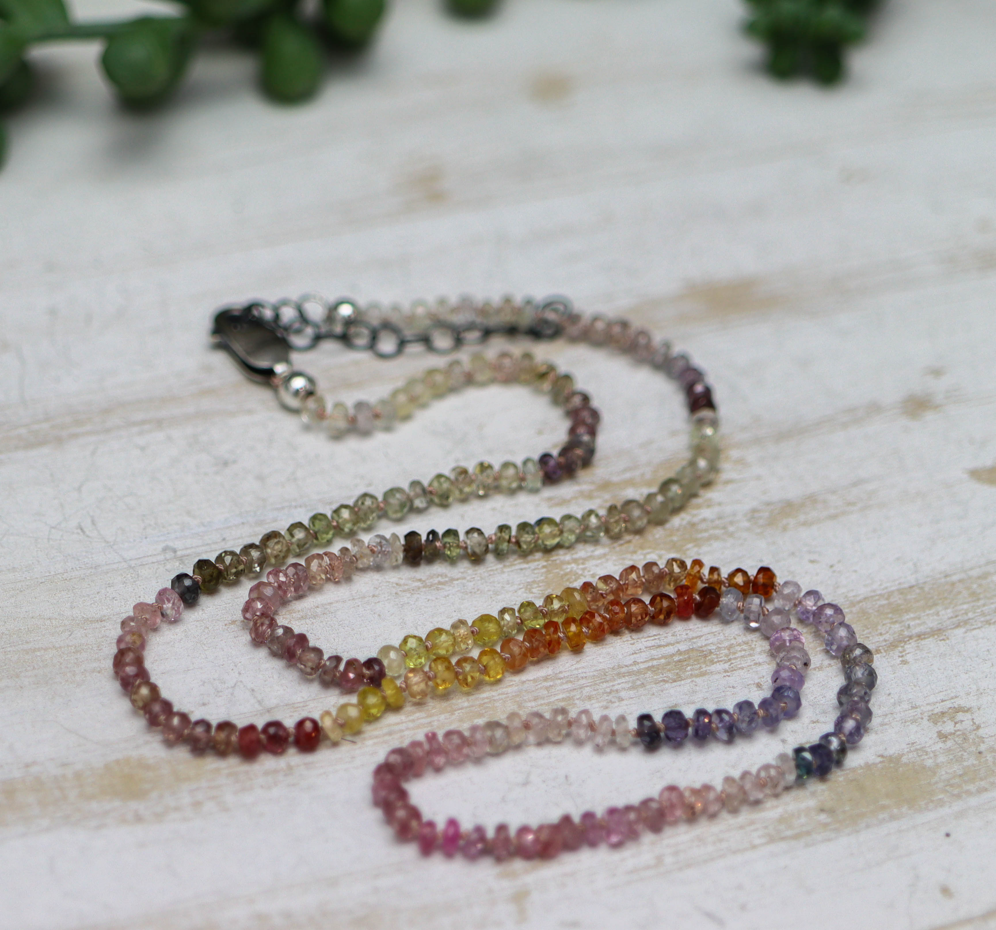 Multi Colored Sapphire Hand Knotted Bead Necklace Sterling Silver 19.5 inch
