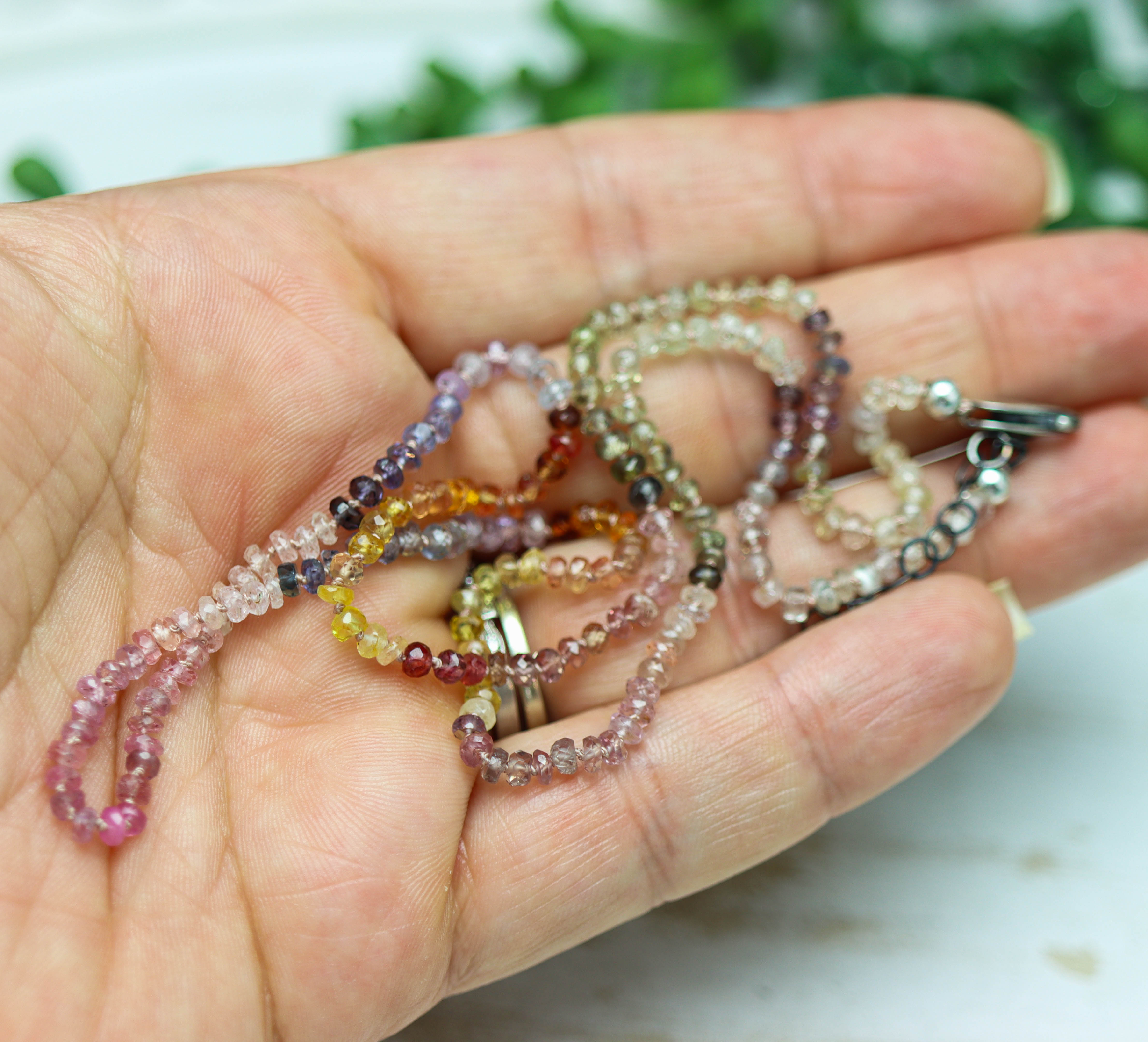 Multi Colored Sapphire Hand Knotted Bead Necklace Sterling Silver 19.5 inch