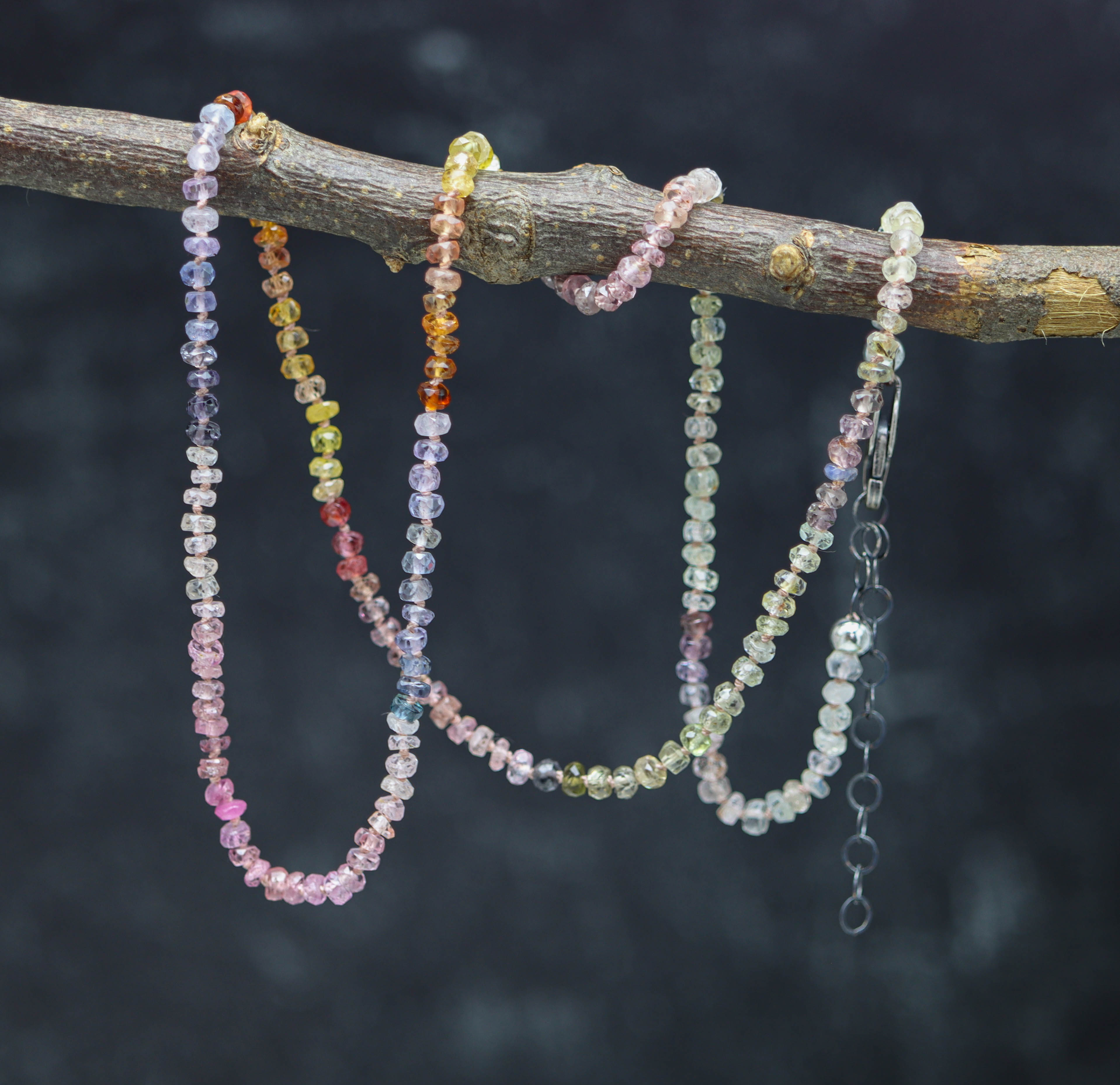Multi Colored Sapphire Hand Knotted Bead Necklace Sterling Silver 19.5 inch