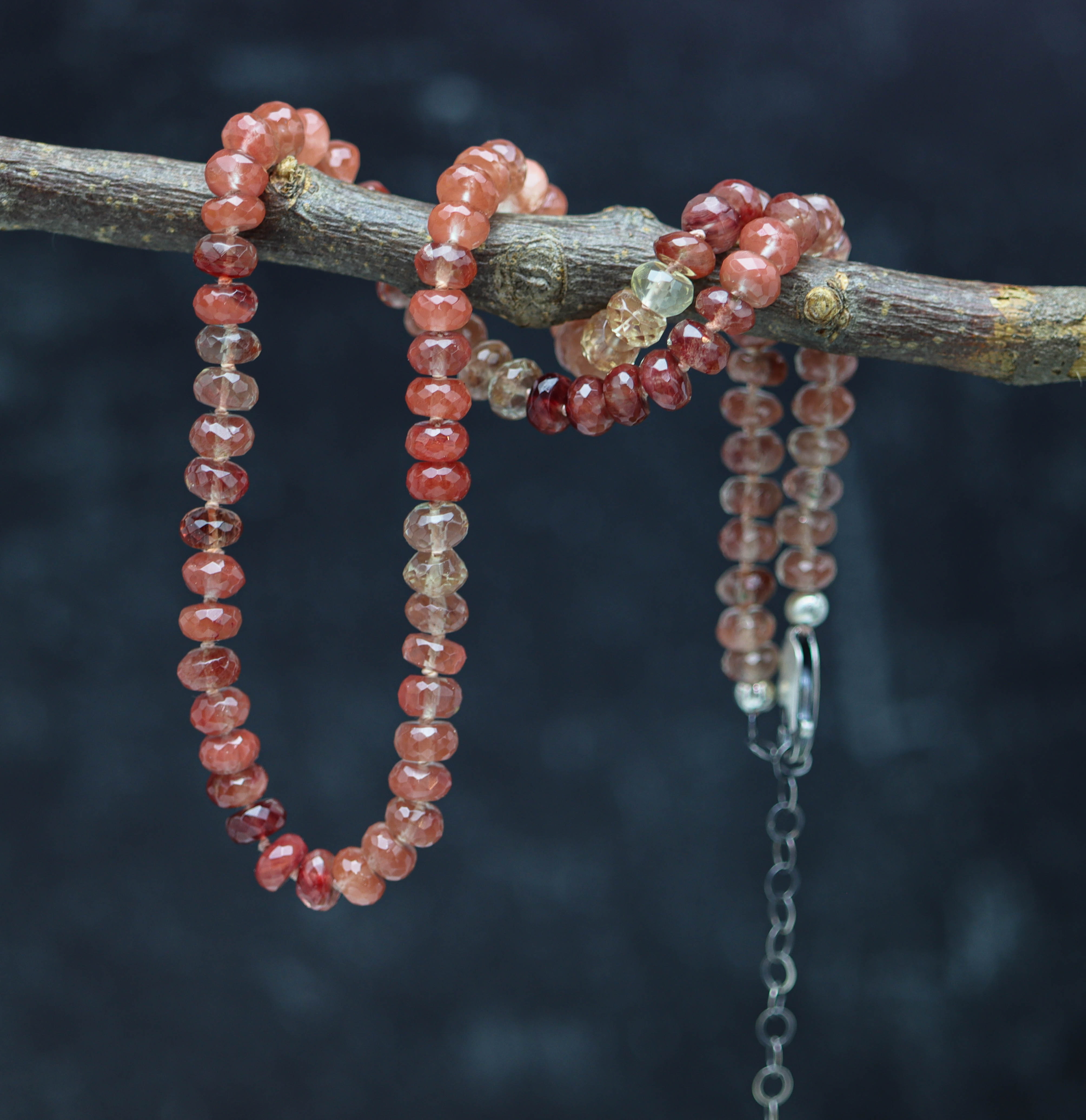 Andesine Hand Knotted Bead Necklace Sterling Silver 16 inch