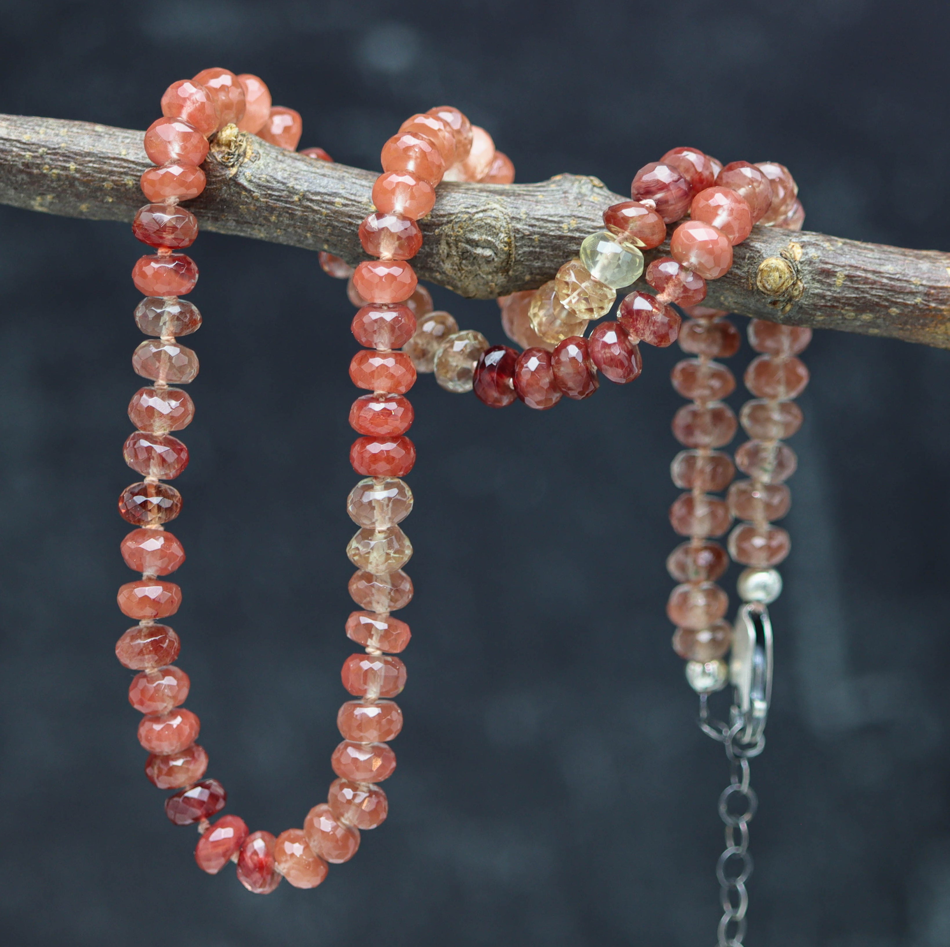 Andesine Hand Knotted Bead Necklace Sterling Silver 16 inch