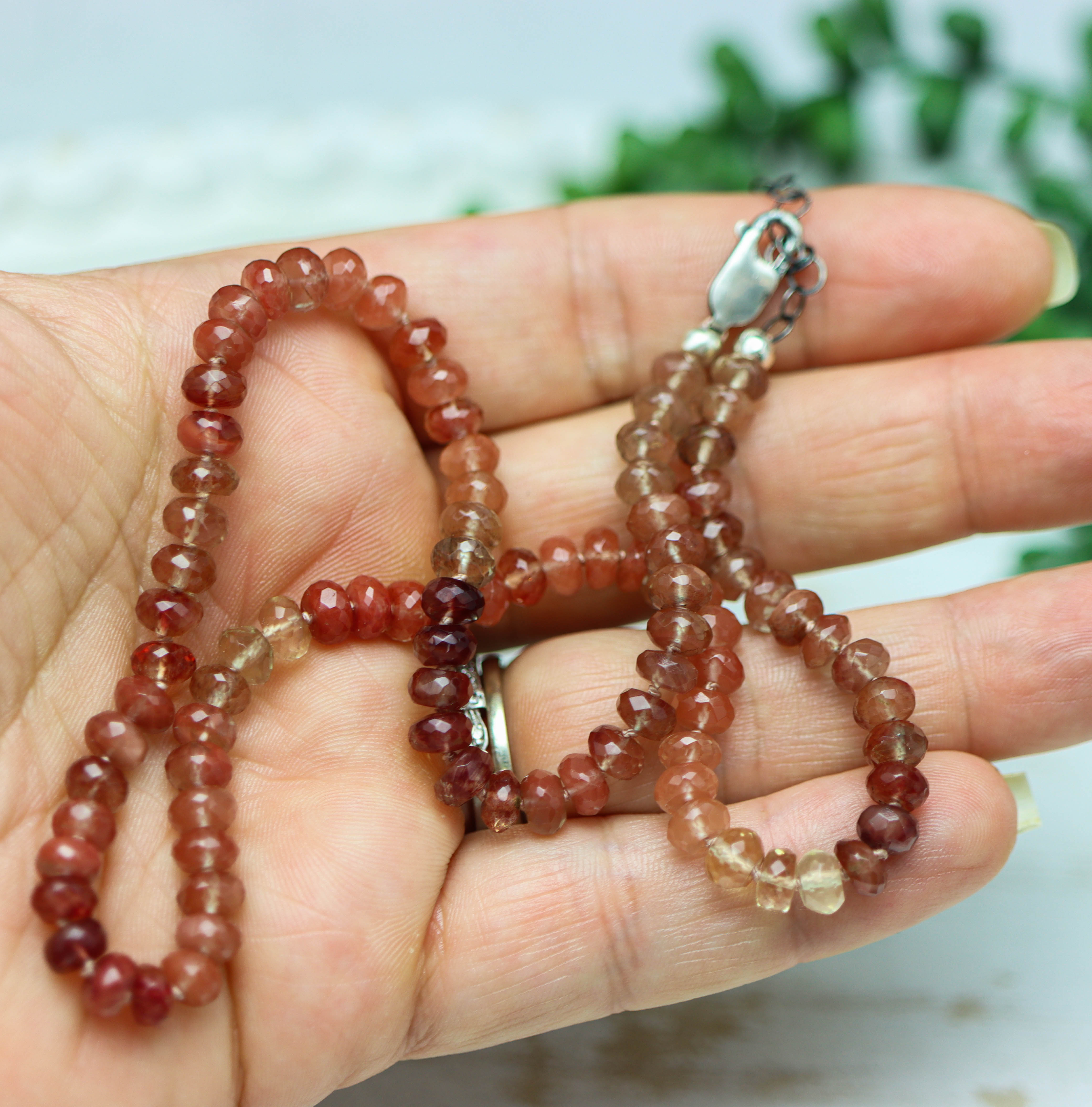 Andesine Hand Knotted Bead Necklace Sterling Silver 16 inch