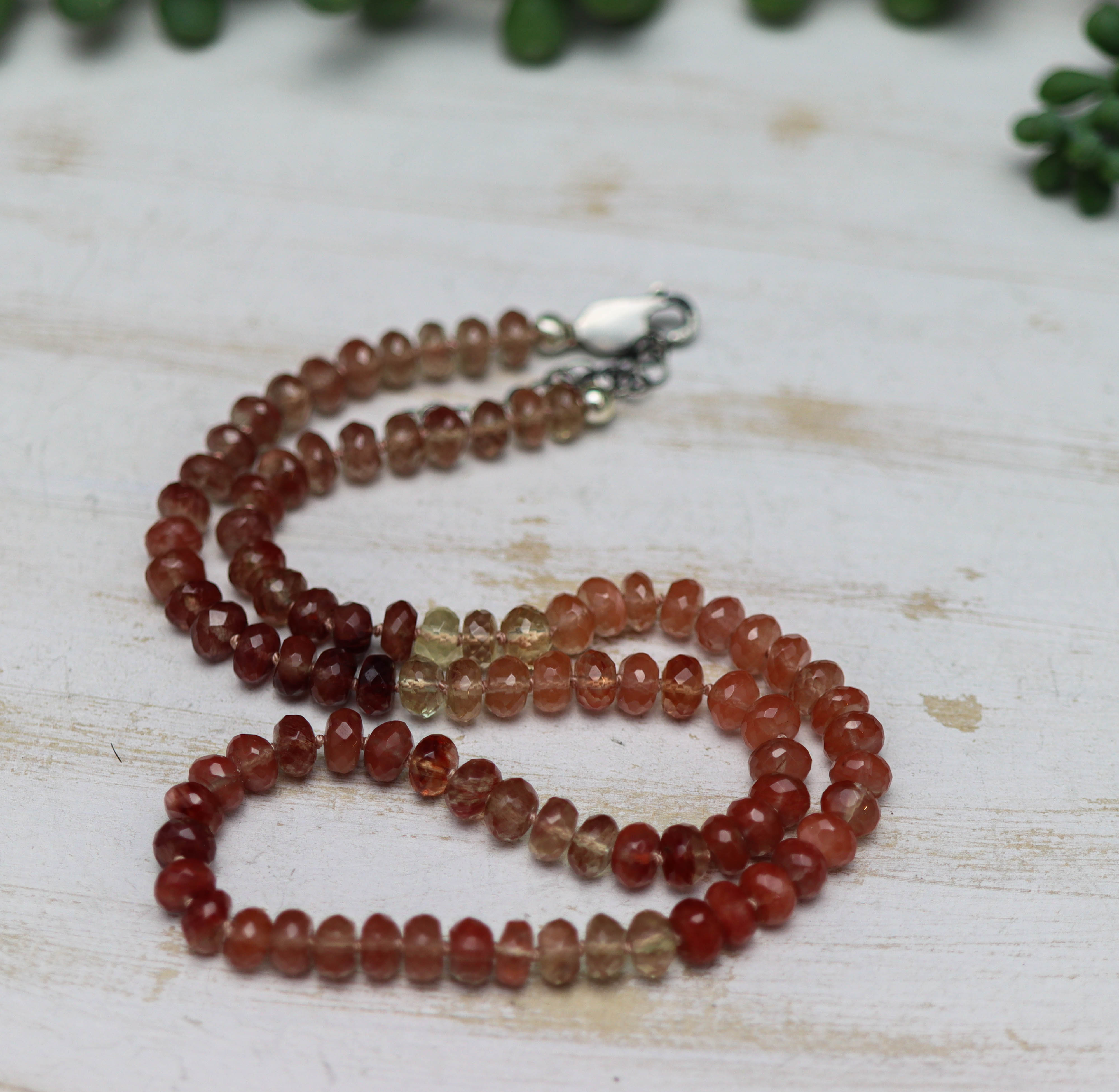 Andesine Hand Knotted Bead Necklace Sterling Silver 16 inch