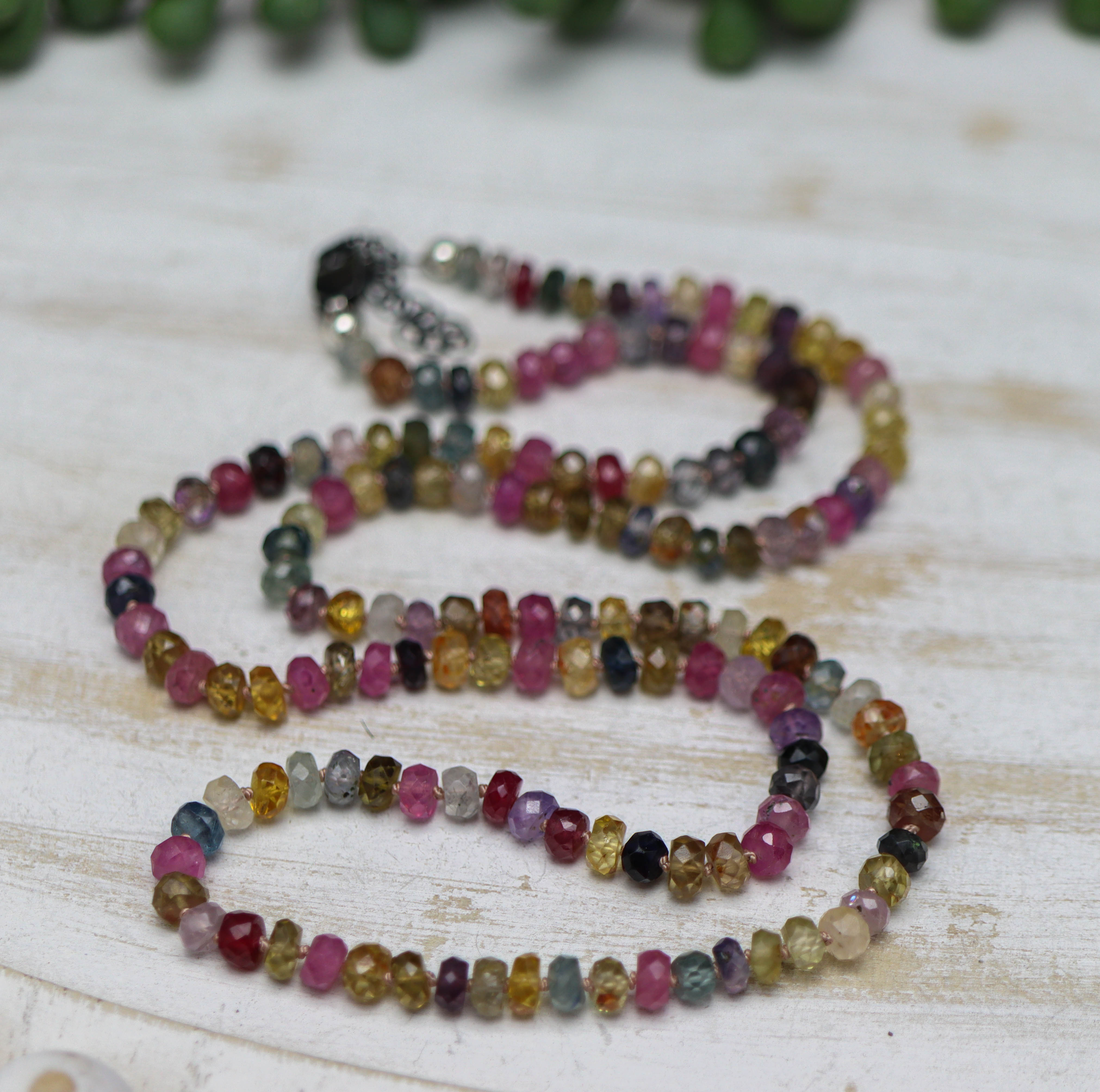 Multi Colored Sapphire Hand Knotted Bead Necklace Sterling Silver 24 inch