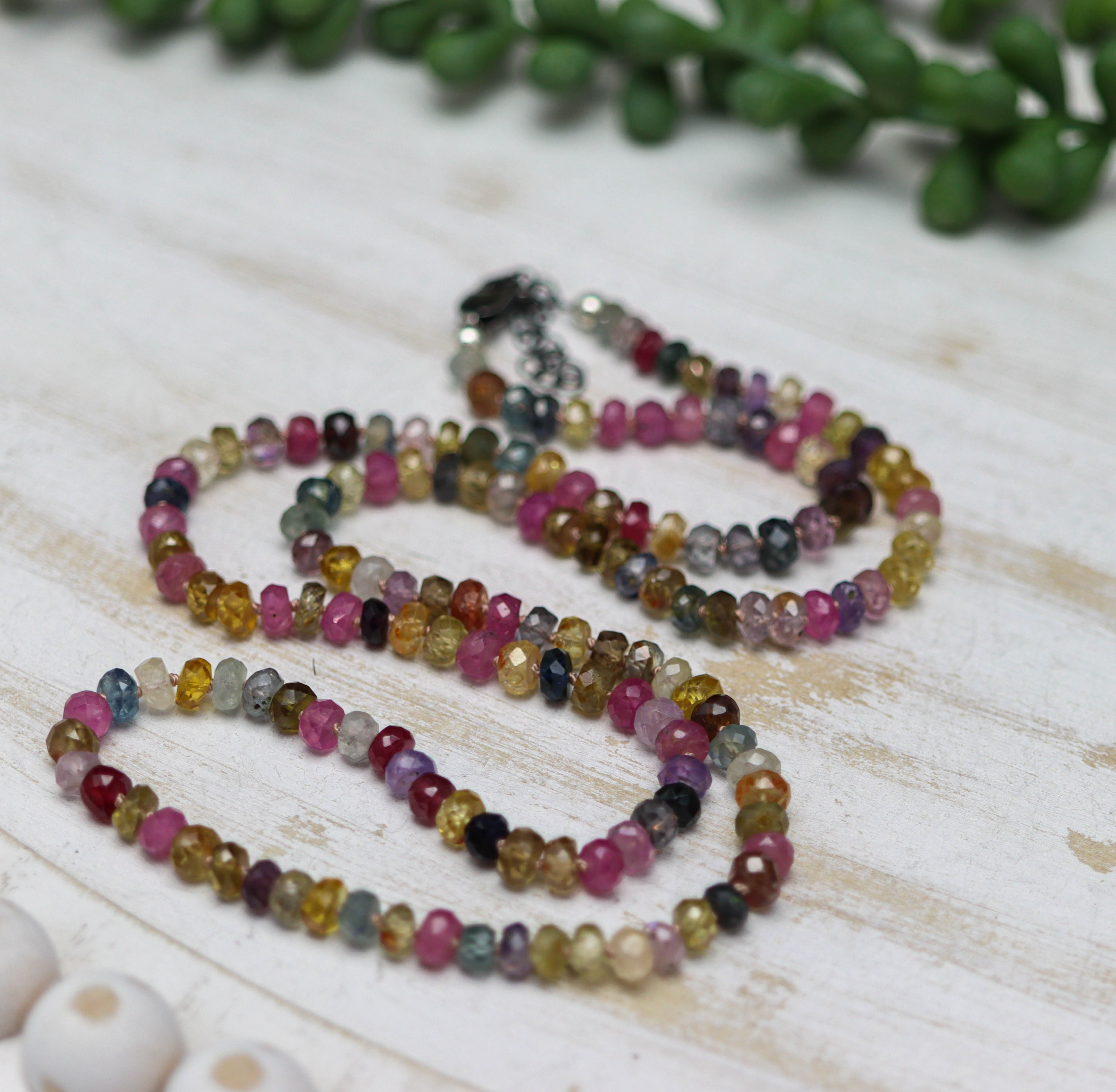 Multi Colored Sapphire Hand Knotted Bead Necklace Sterling Silver 24 inch
