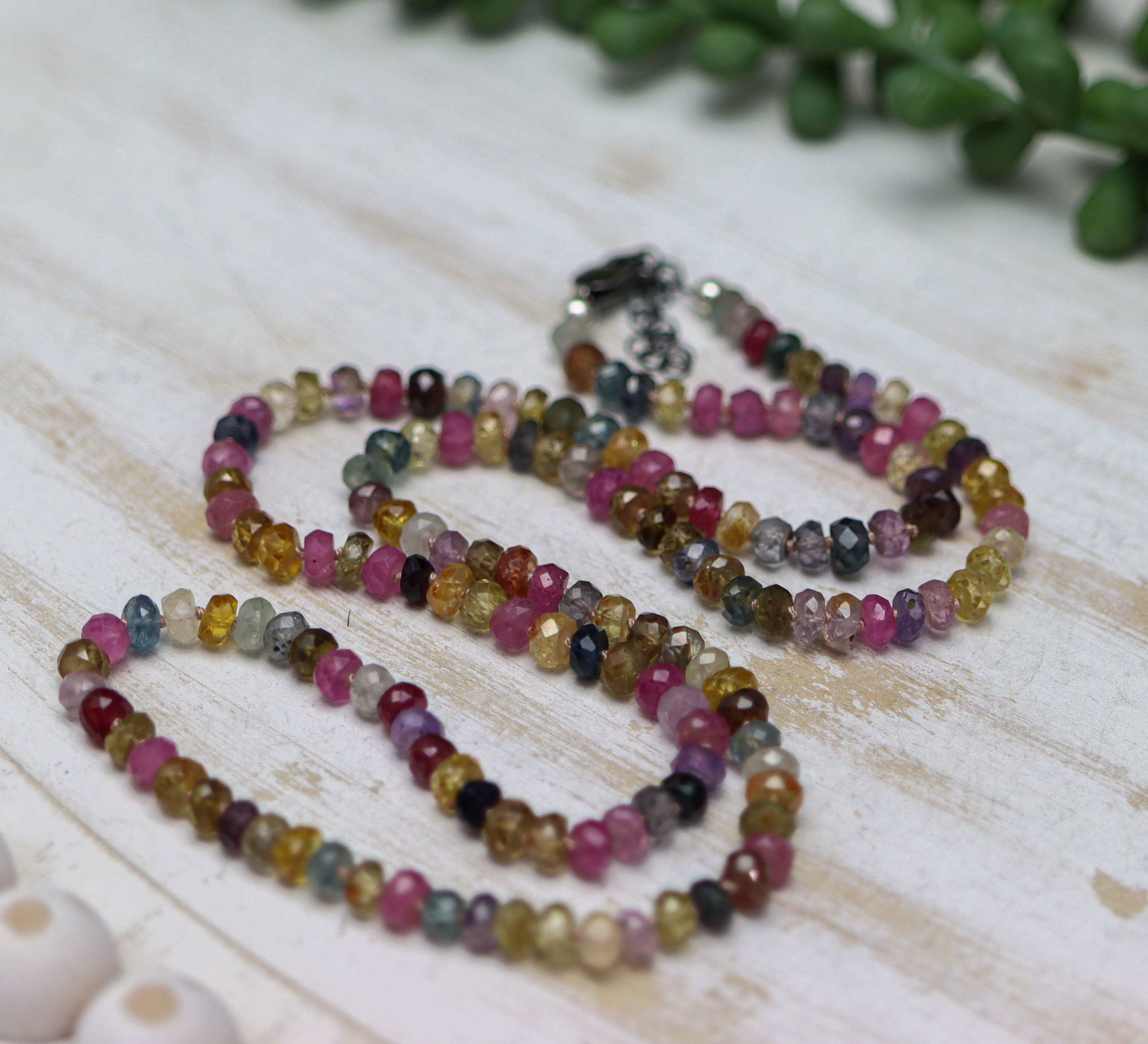 Multi Colored Sapphire Hand Knotted Bead Necklace Sterling Silver 24 inch