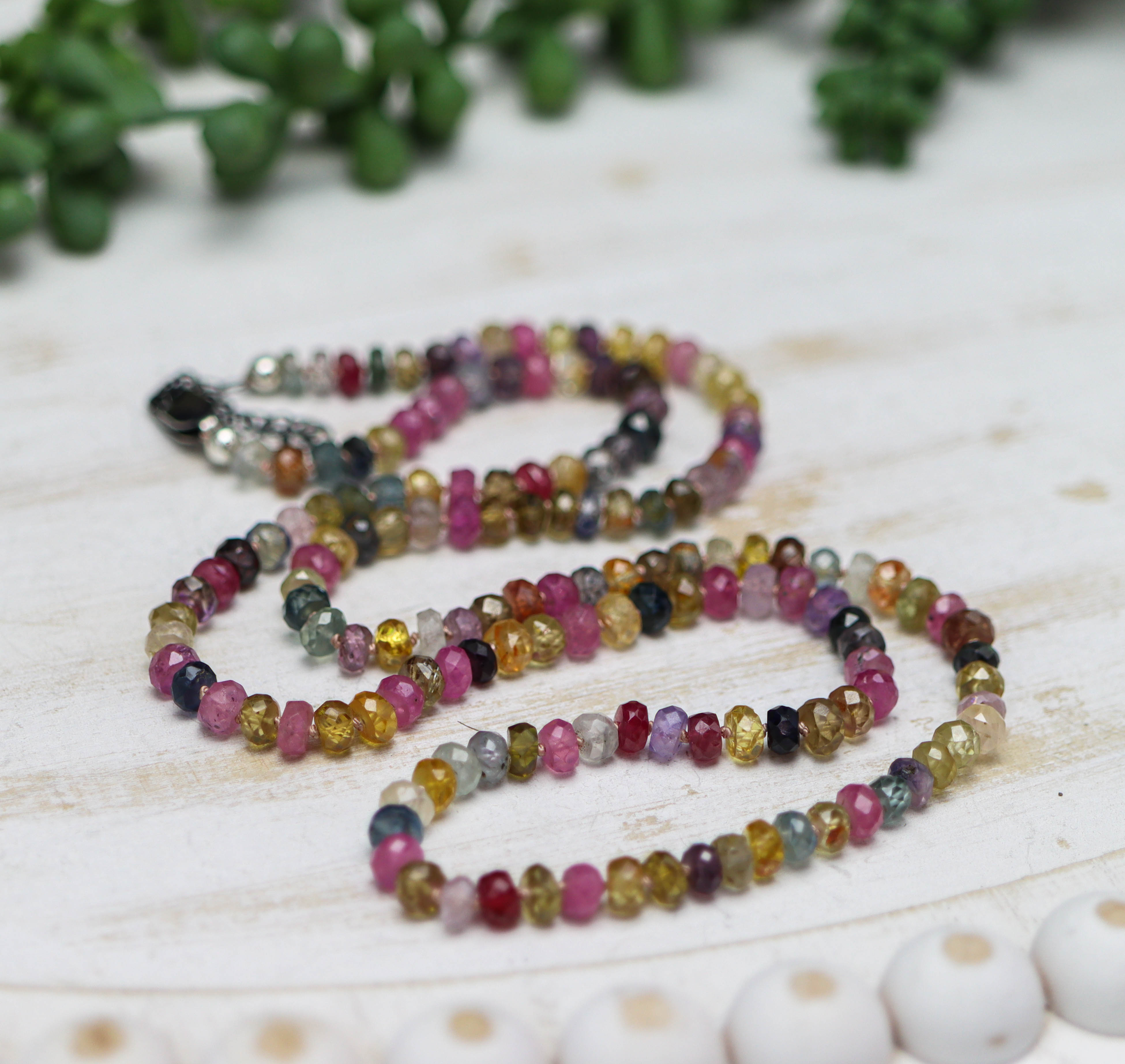 Multi Colored Sapphire Hand Knotted Bead Necklace Sterling Silver 24 inch