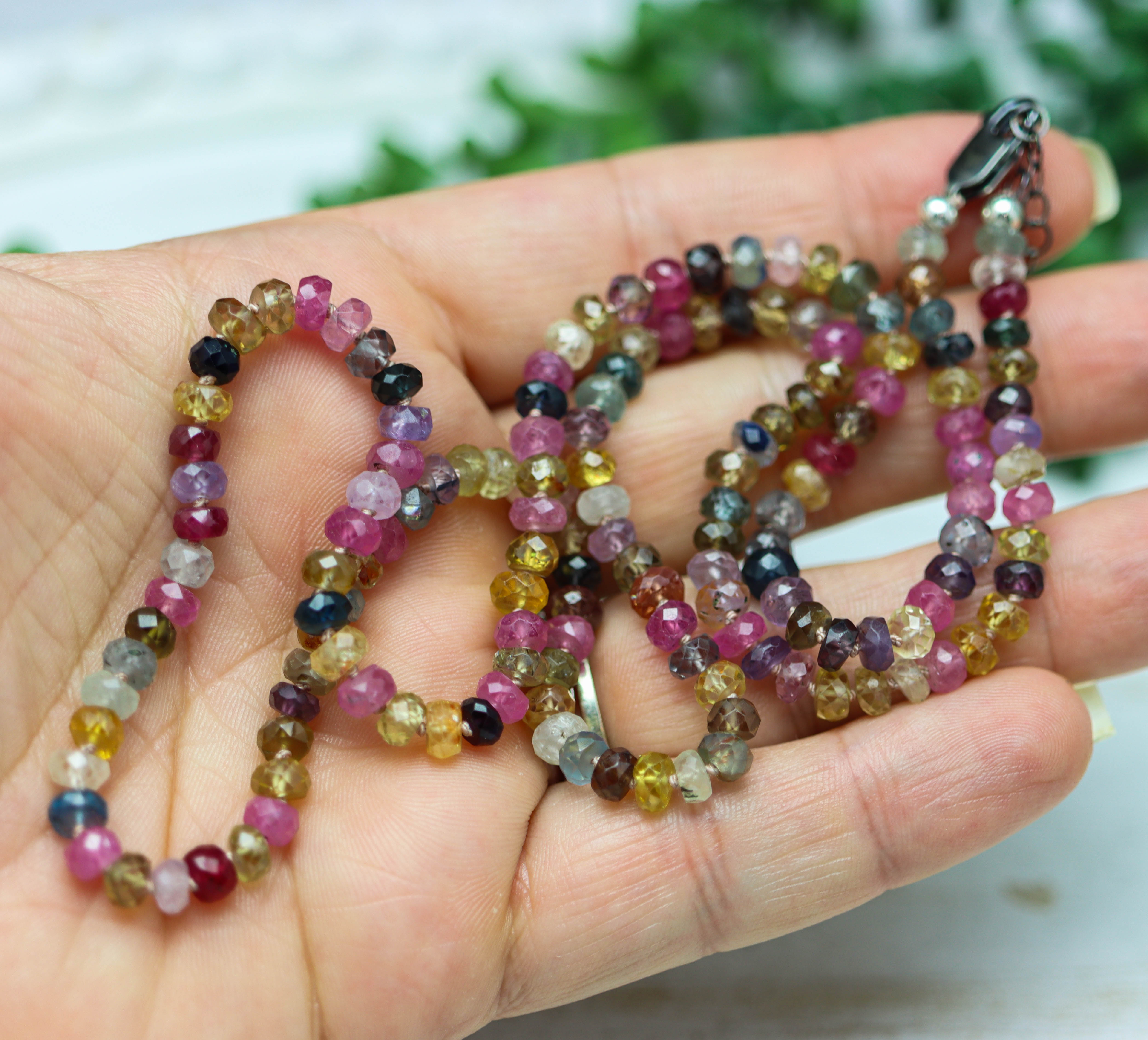 Multi Colored Sapphire Hand Knotted Bead Necklace Sterling Silver 24 inch