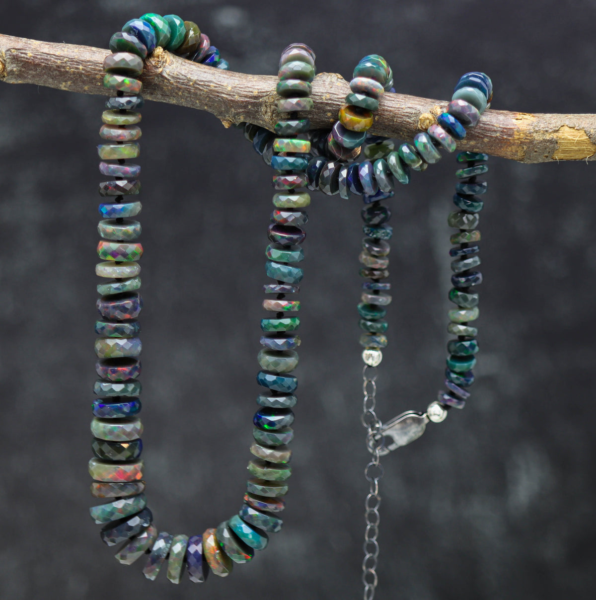 Black Opal Hand Knotted Bead Necklace Sterling Silver *ONLY ONE*
