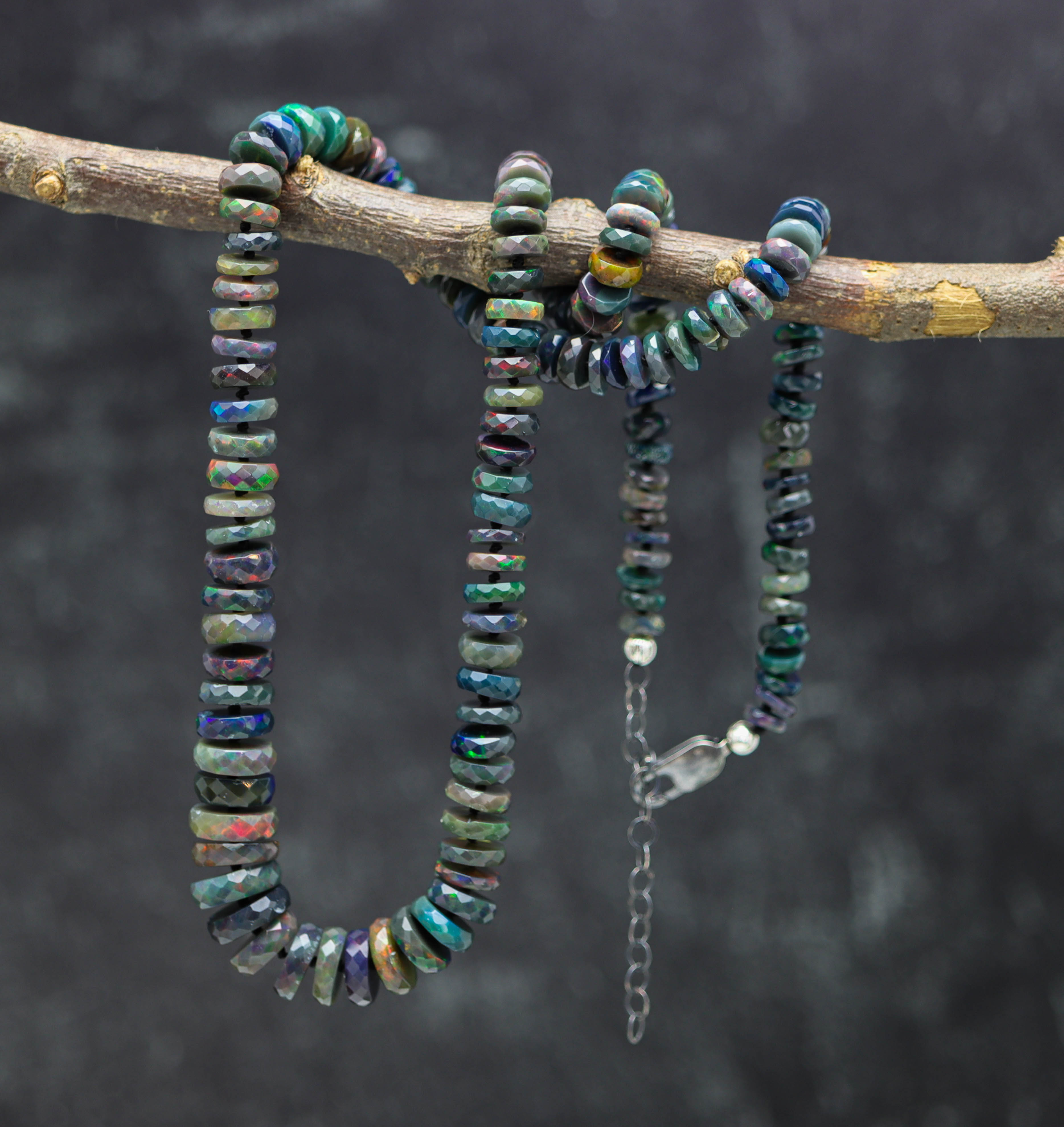 Black Opal Hand Knotted Bead Necklace Sterling Silver *ONLY ONE*