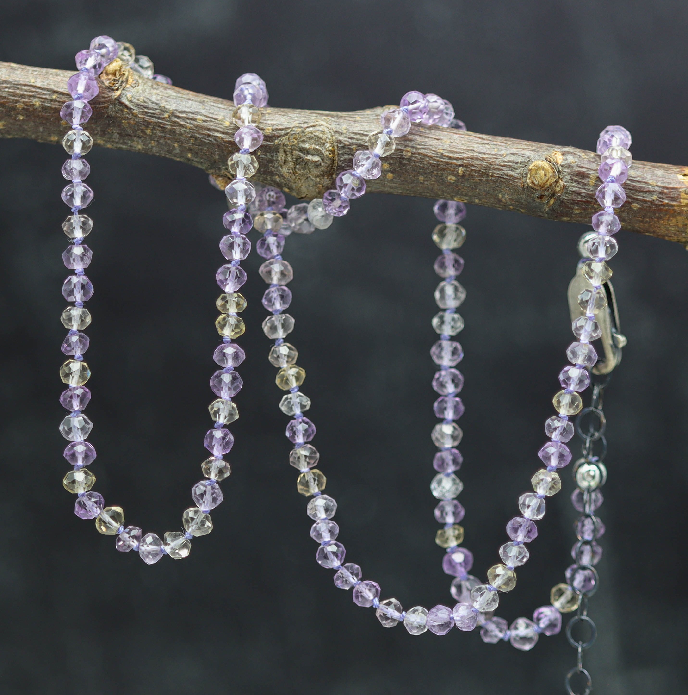 Ametrine Hand Knotted Bead Necklace Sterling Silver 18 inch