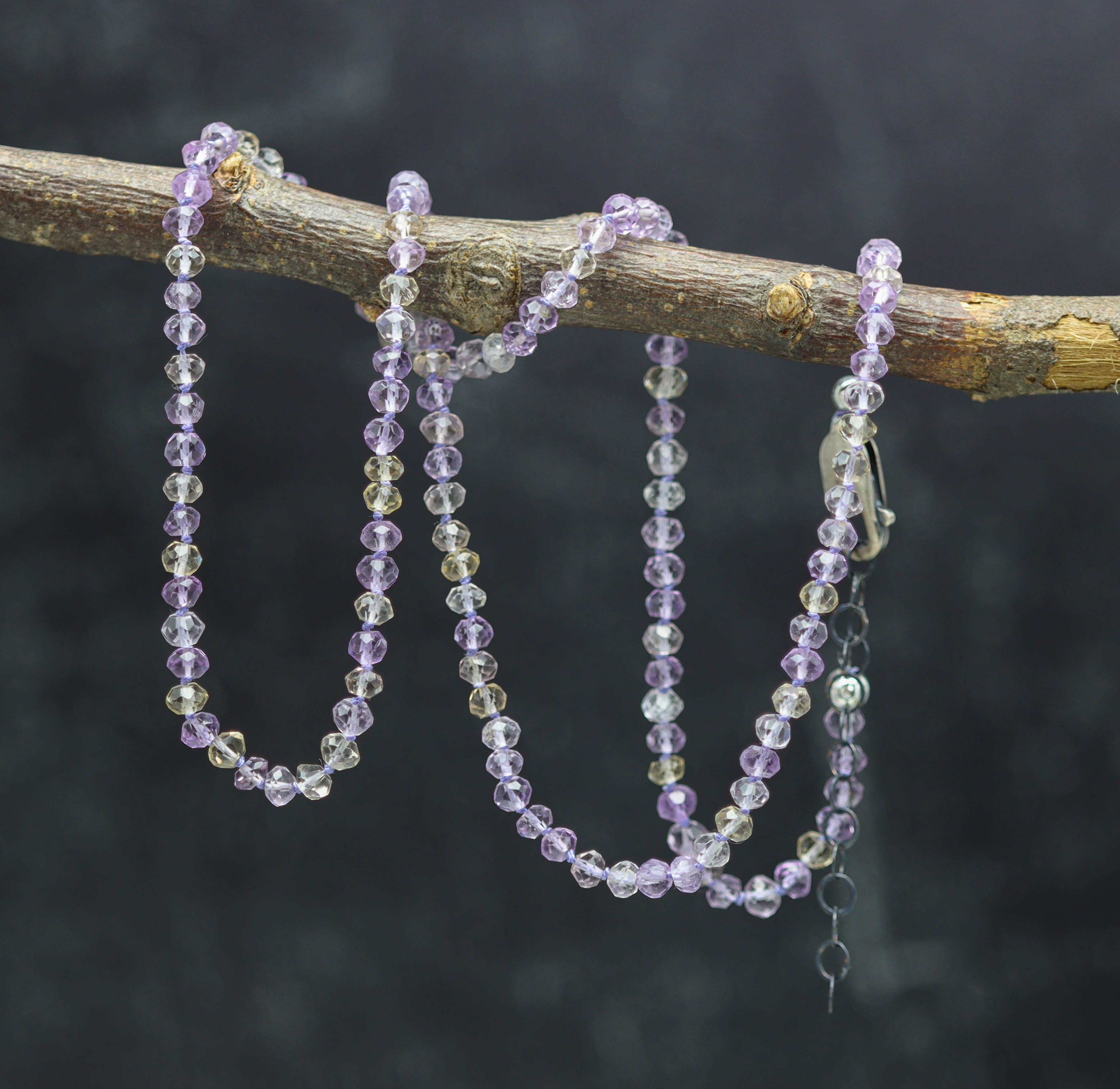 Ametrine Hand Knotted Bead Necklace Sterling Silver 18 inch