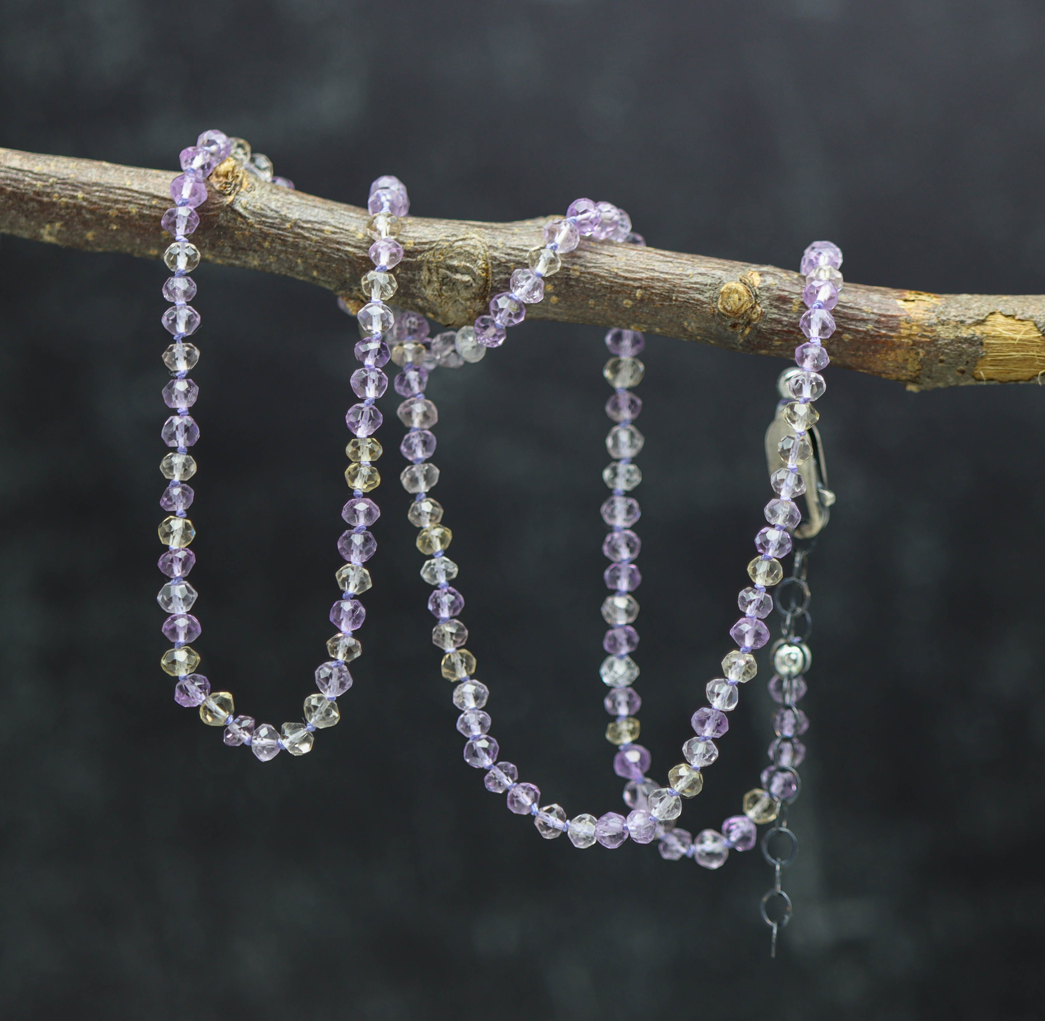 Ametrine Hand Knotted Bead Necklace Sterling Silver 18 inch