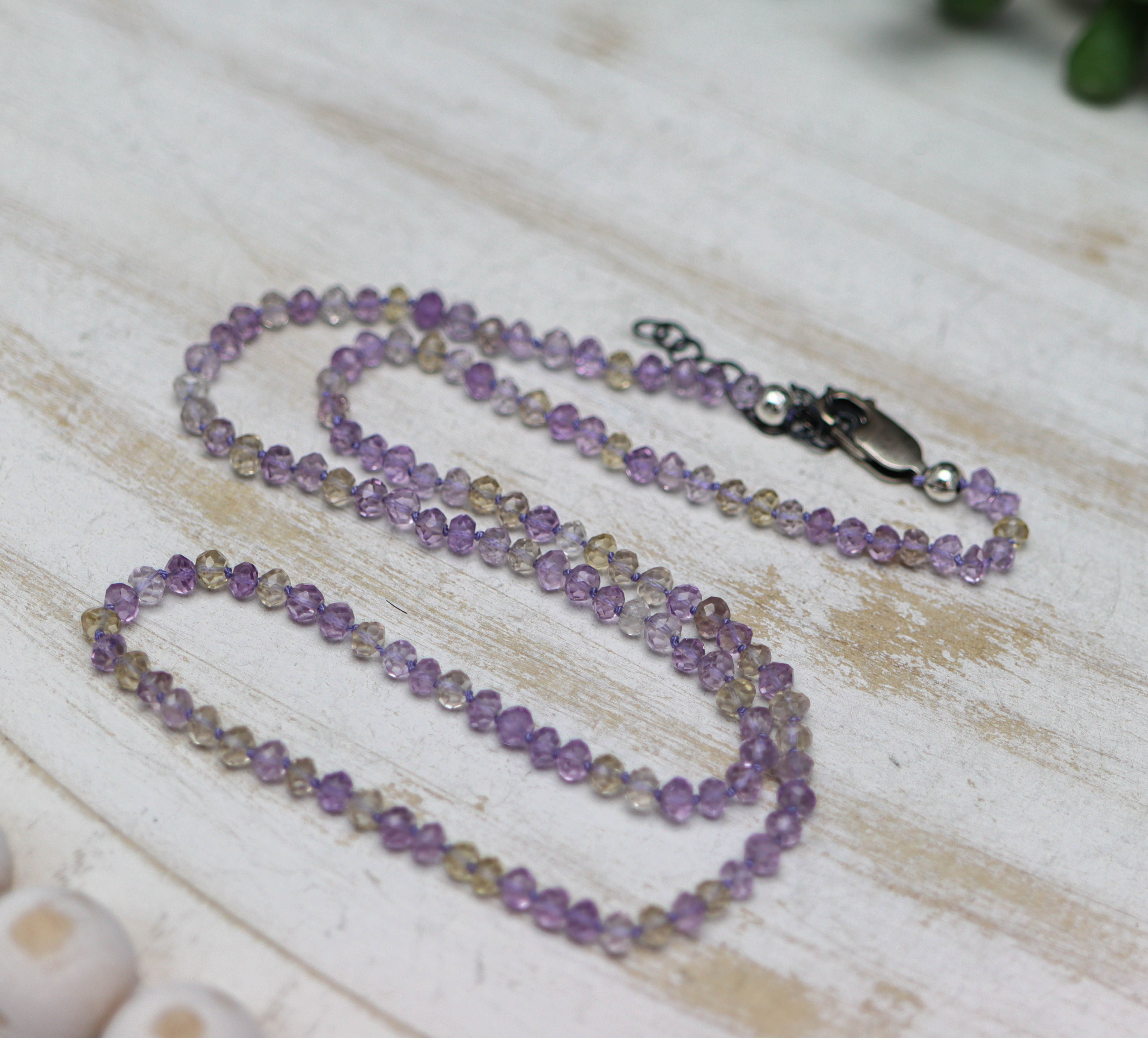 Ametrine Hand Knotted Bead Necklace Sterling Silver 18 inch