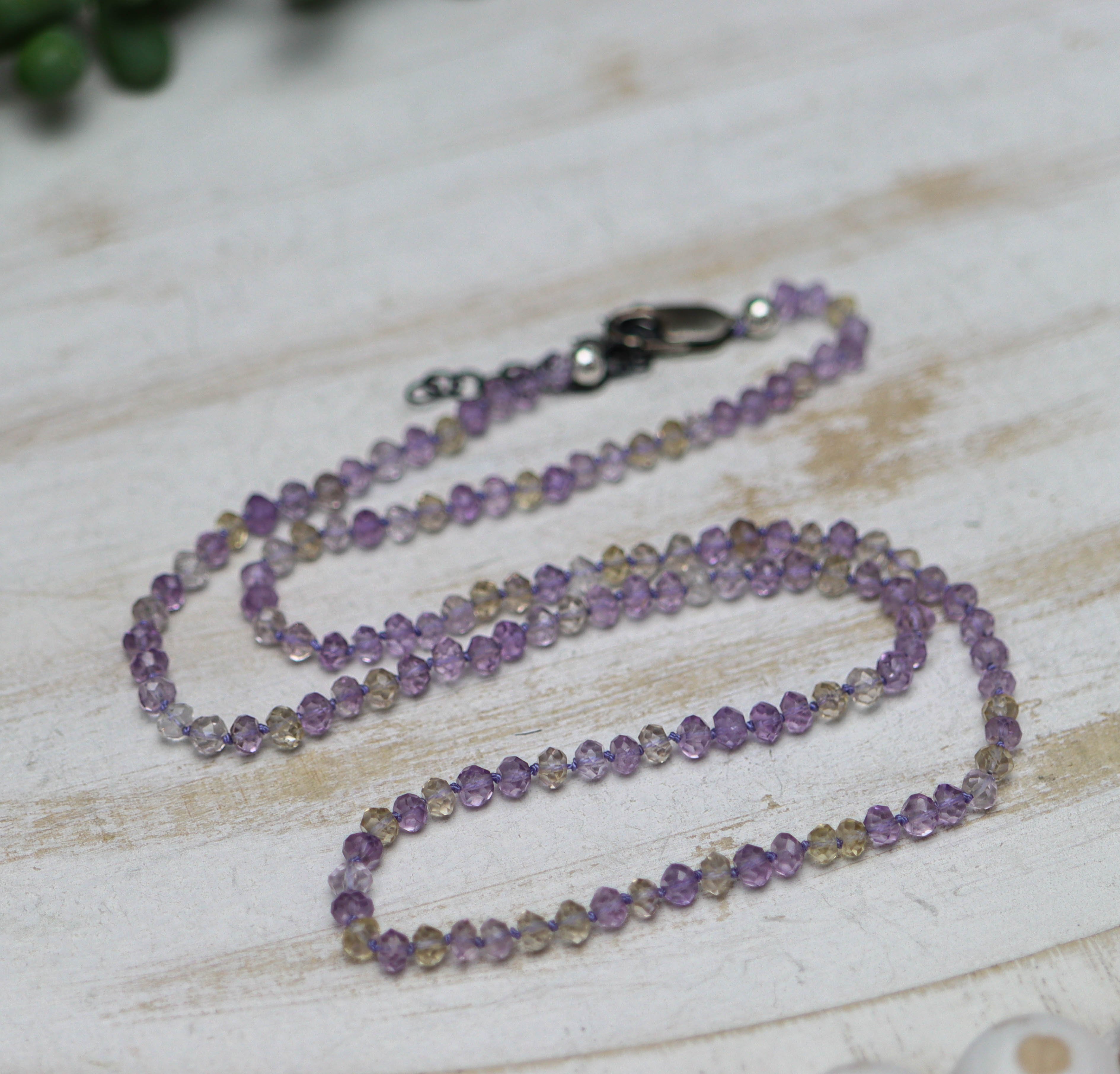 Ametrine Hand Knotted Bead Necklace Sterling Silver 18 inch