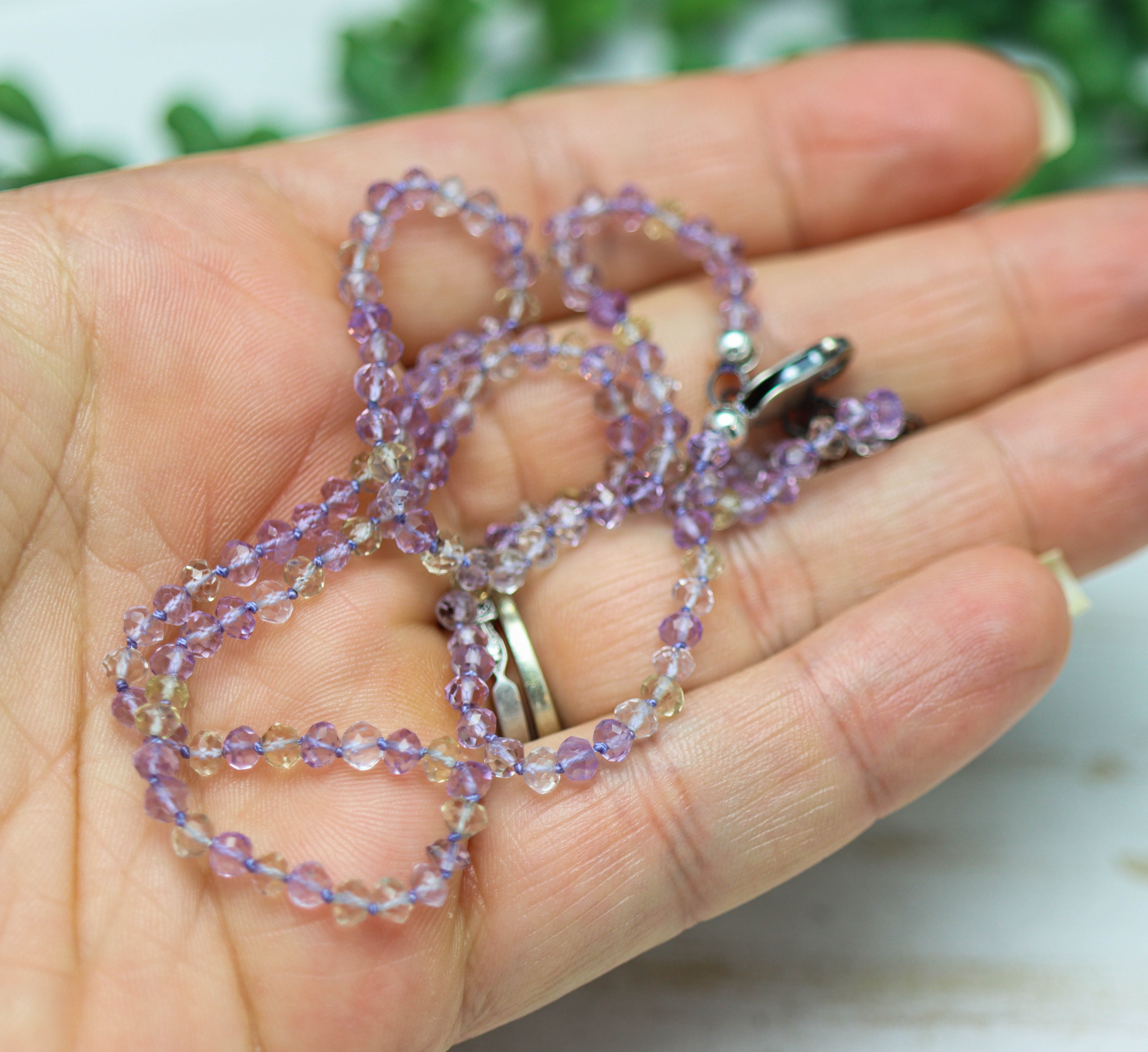 Ametrine Hand Knotted Bead Necklace Sterling Silver 18 inch