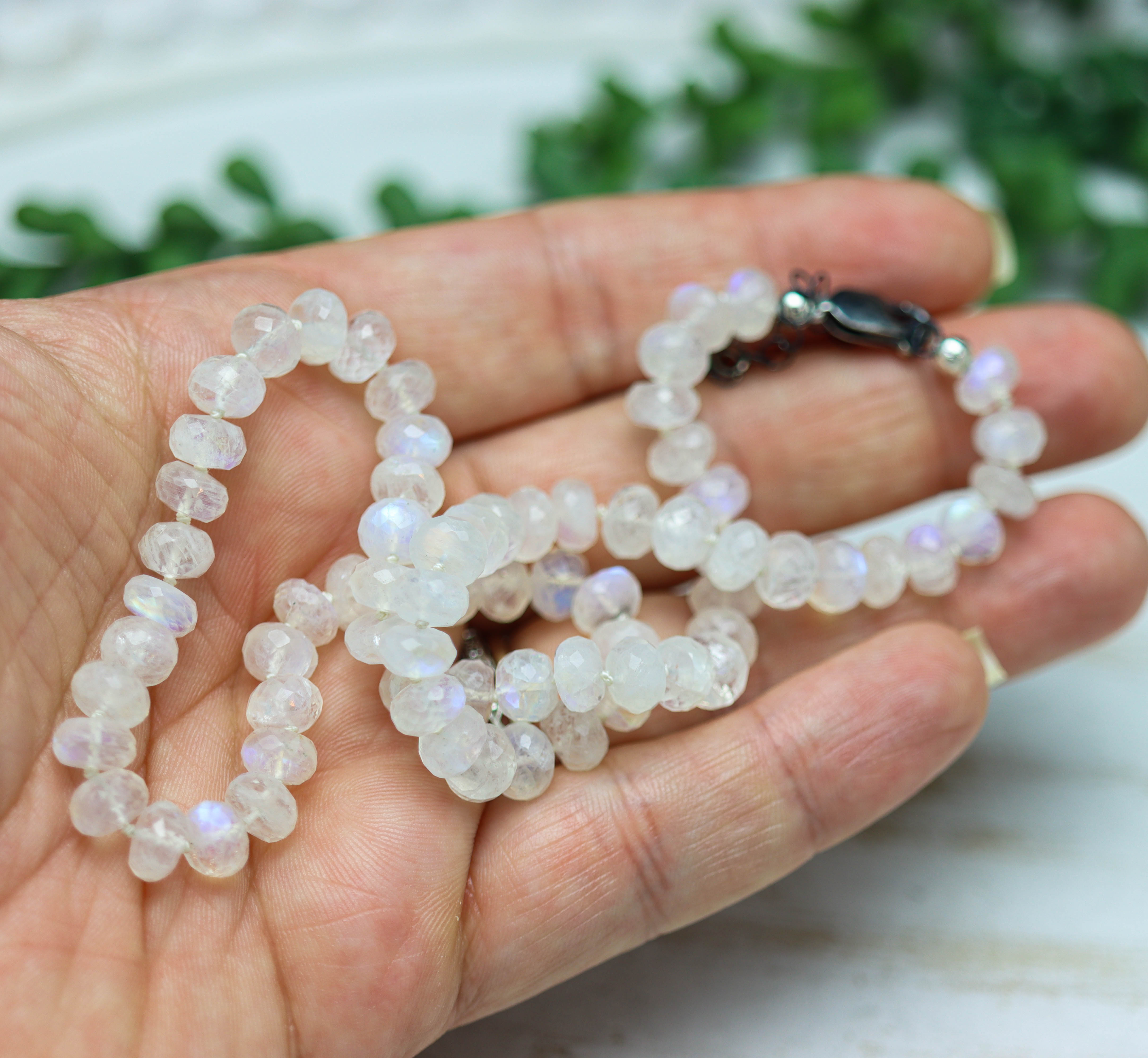 Rainbow Moonstone Hand Knotted Bead Necklace Sterling Silver 16 inch
