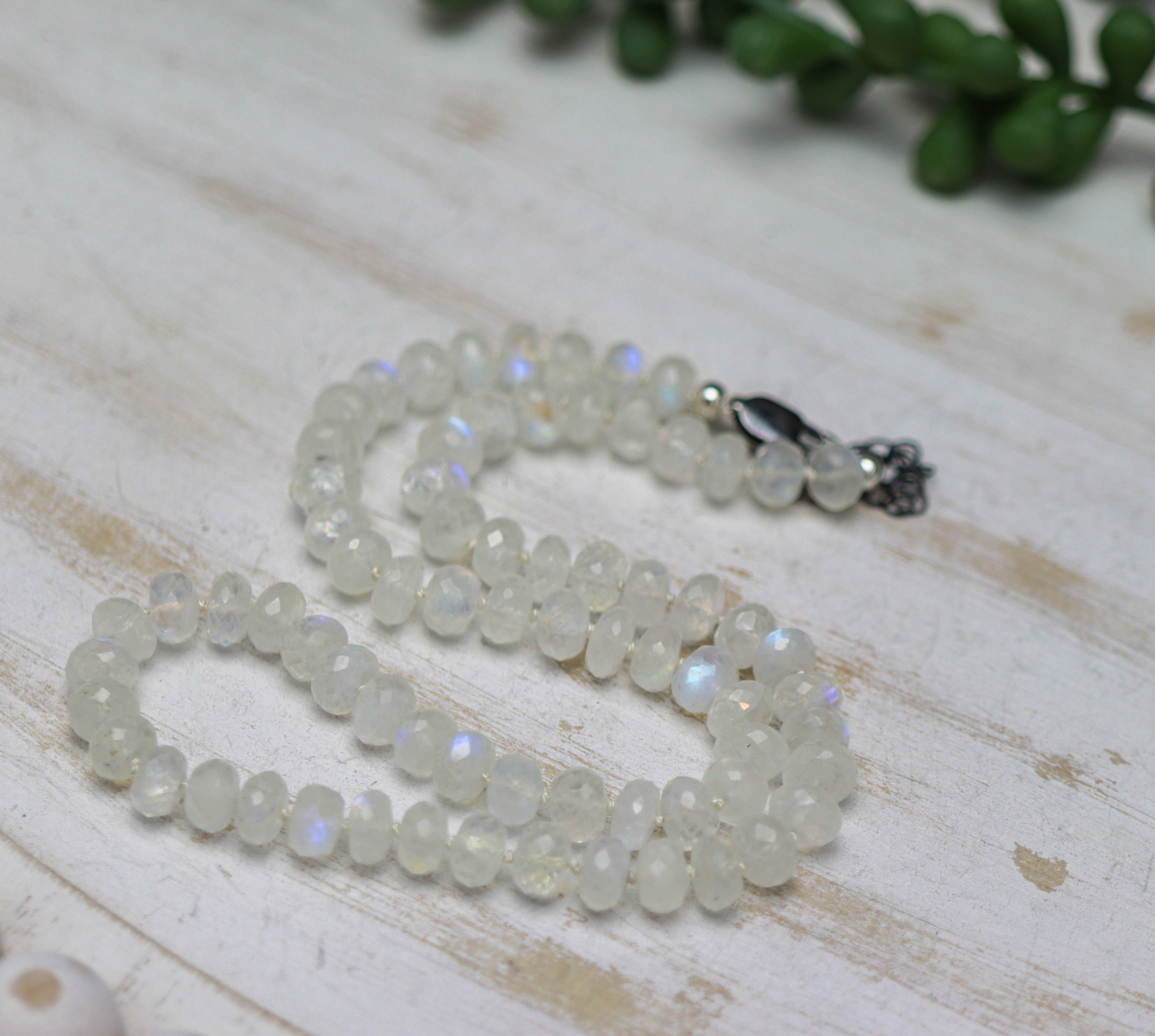 Rainbow Moonstone Hand Knotted Bead Necklace Sterling Silver 16 inch