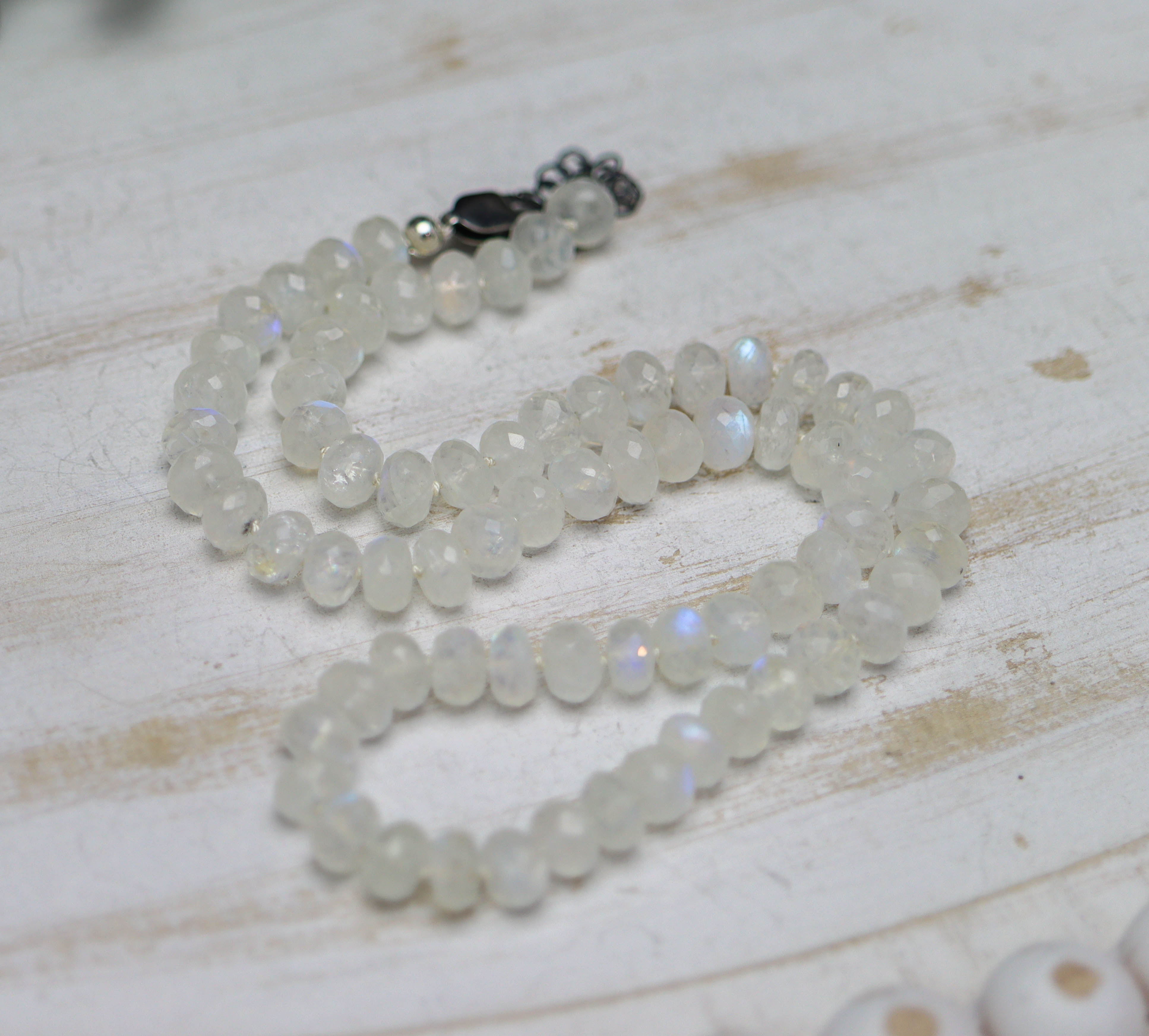 Rainbow Moonstone Hand Knotted Bead Necklace Sterling Silver 16 inch