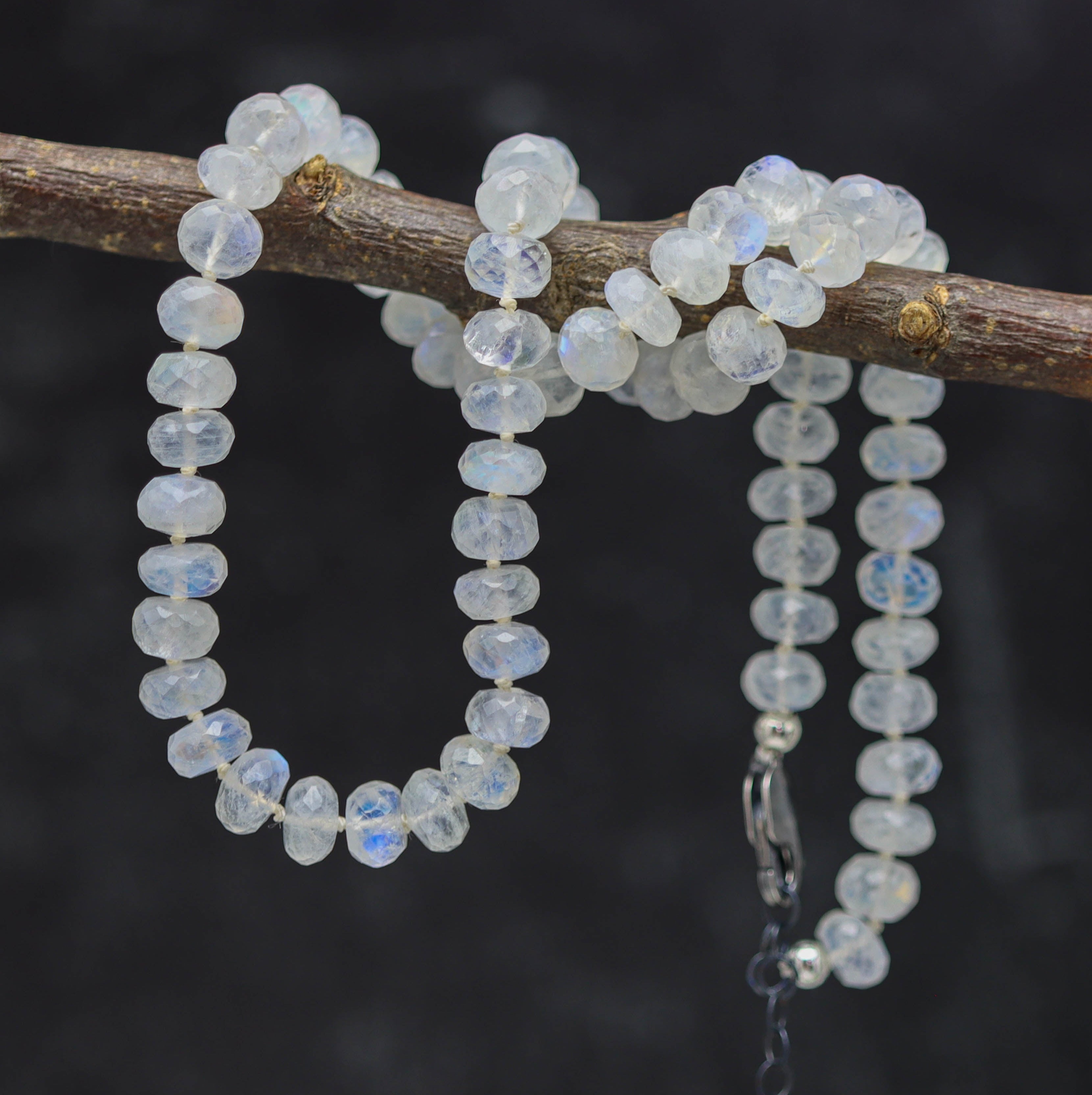 Rainbow Moonstone Hand Knotted Bead Necklace Sterling Silver 16 inch