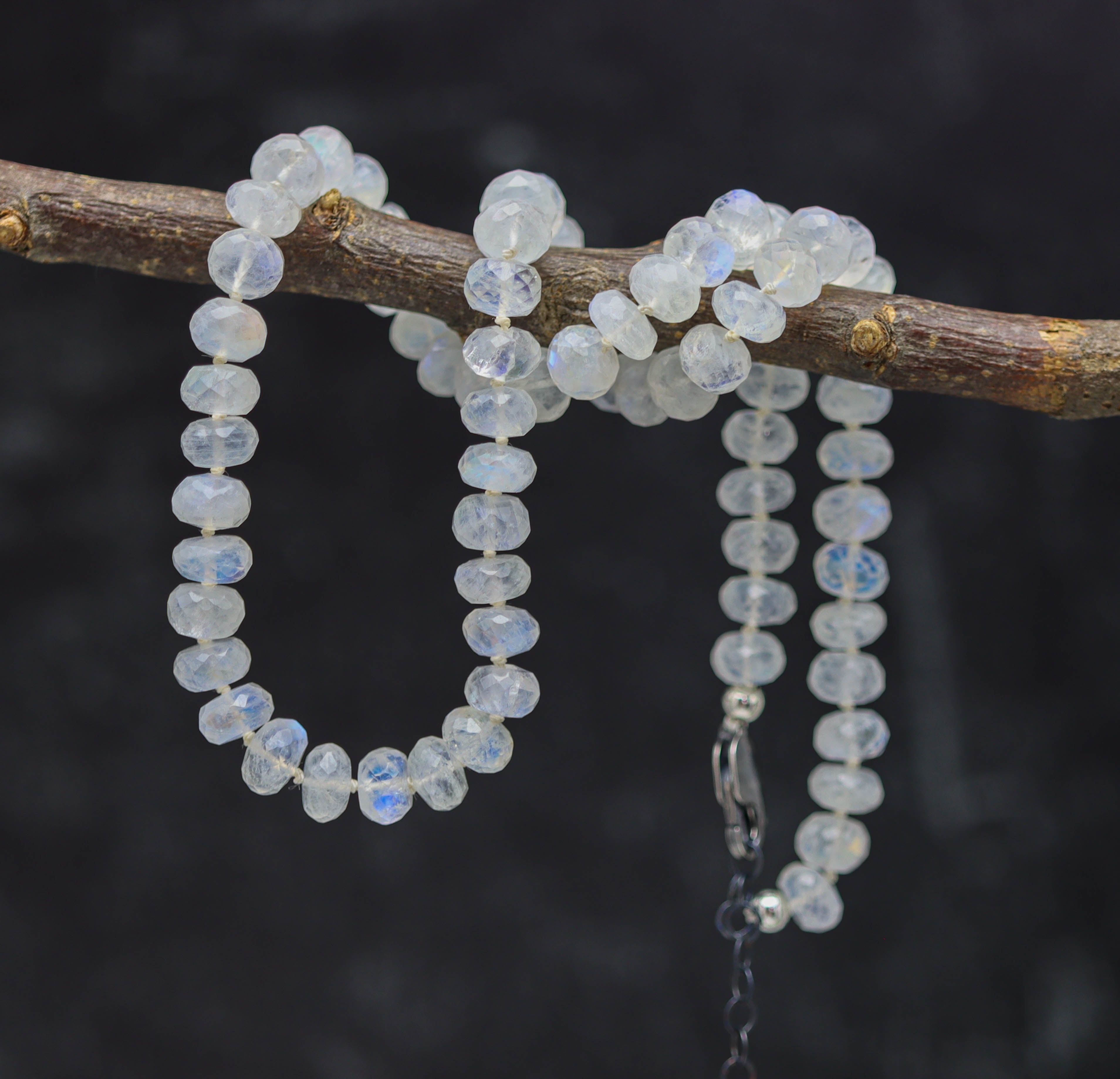 Rainbow Moonstone Hand Knotted Bead Necklace Sterling Silver 16 inch