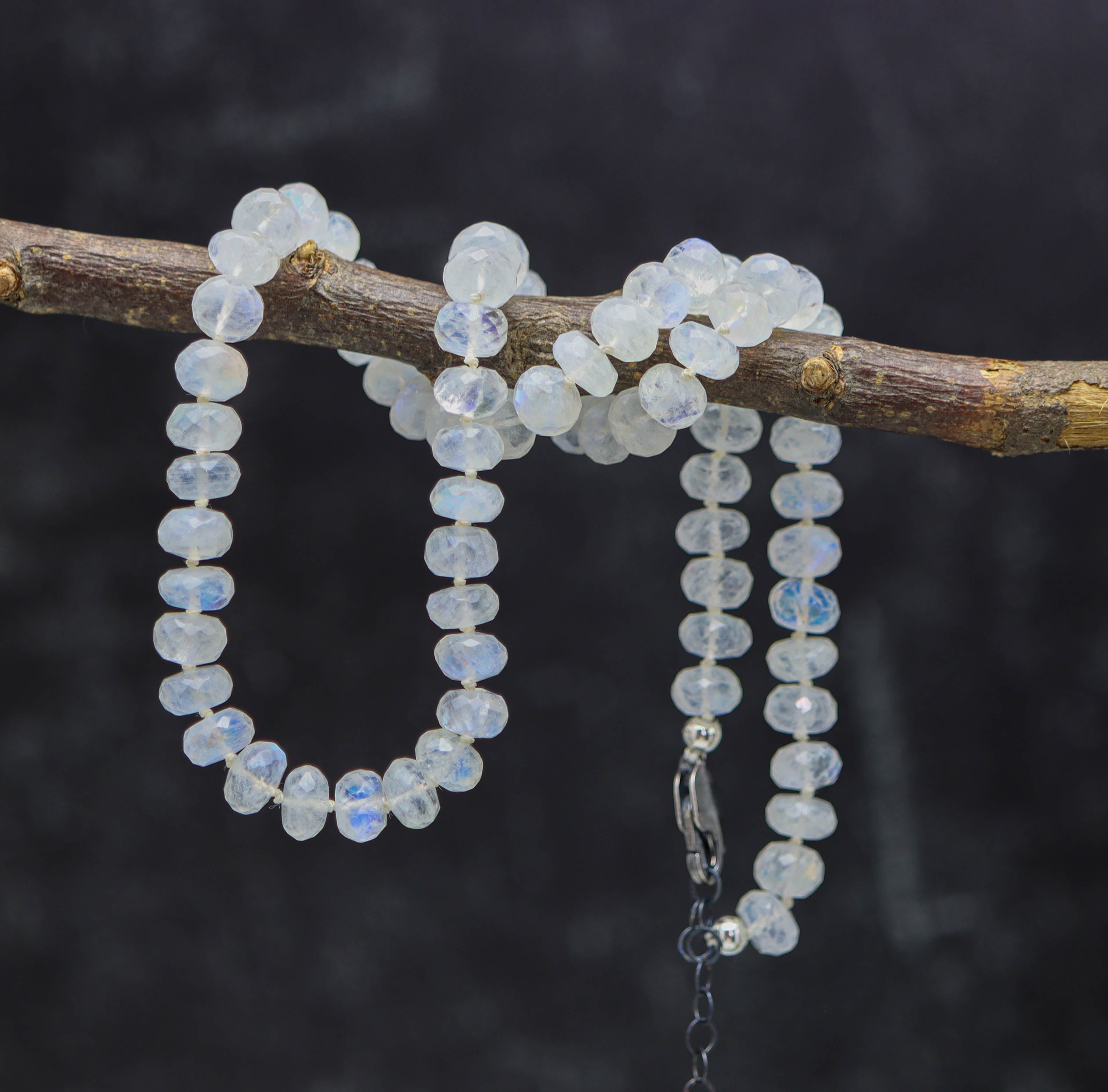 Rainbow Moonstone Hand Knotted Bead Necklace Sterling Silver 16 inch