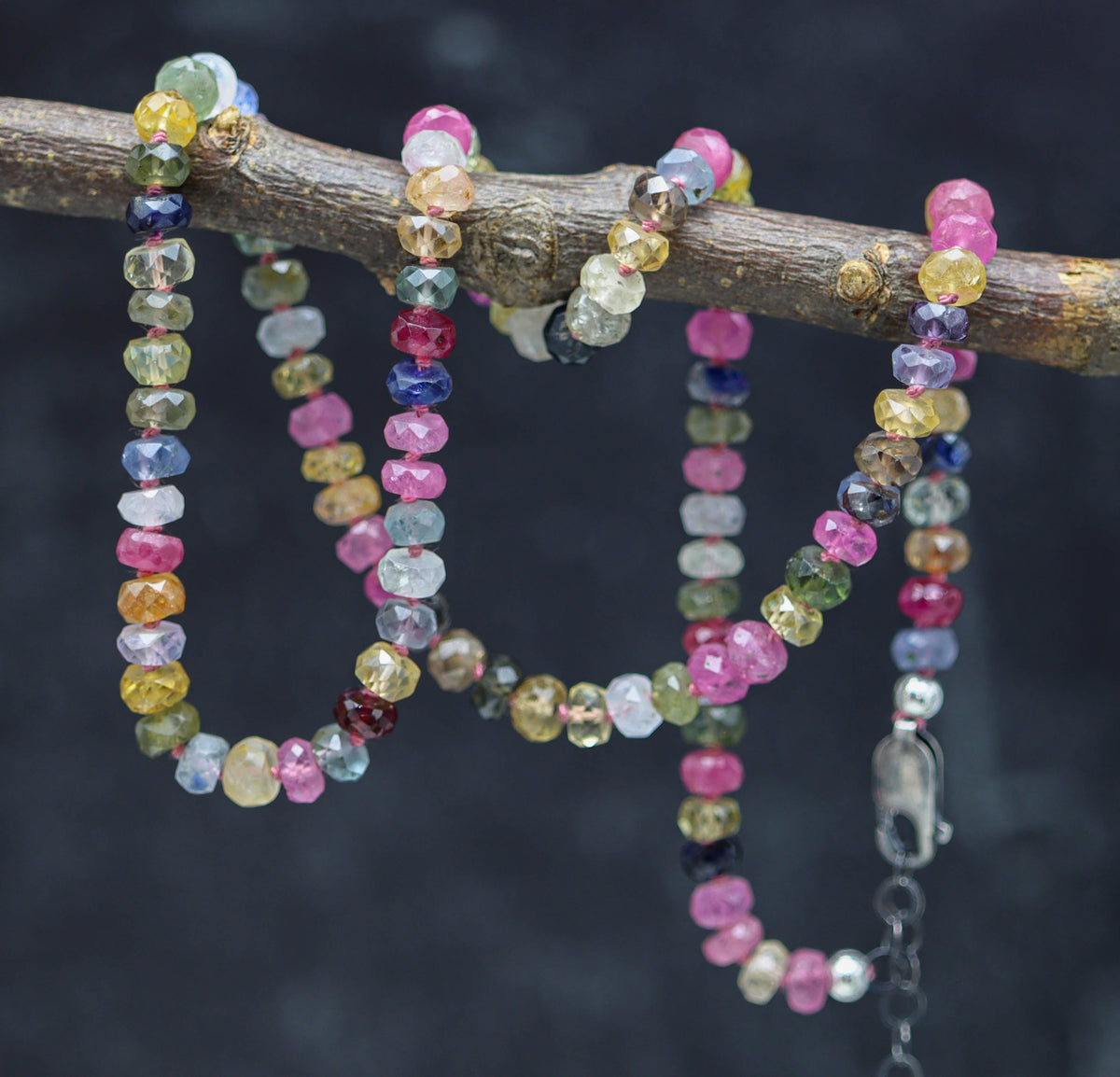 Multi Colored Sapphire Hand Knotted Bead Necklace Sterling Silver 18 inch
