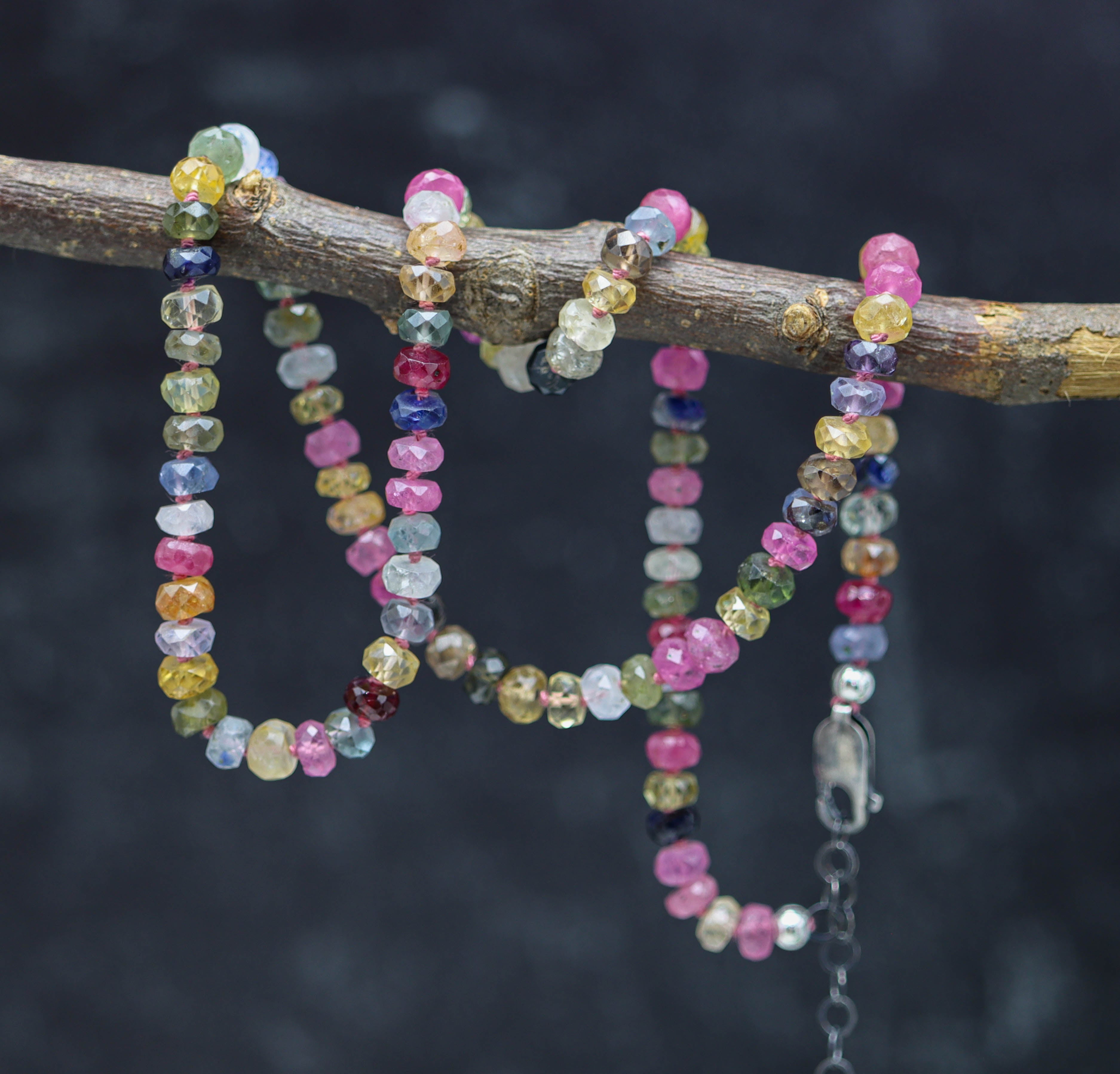 Multi Colored Sapphire Hand Knotted Bead Necklace Sterling Silver 18 inch