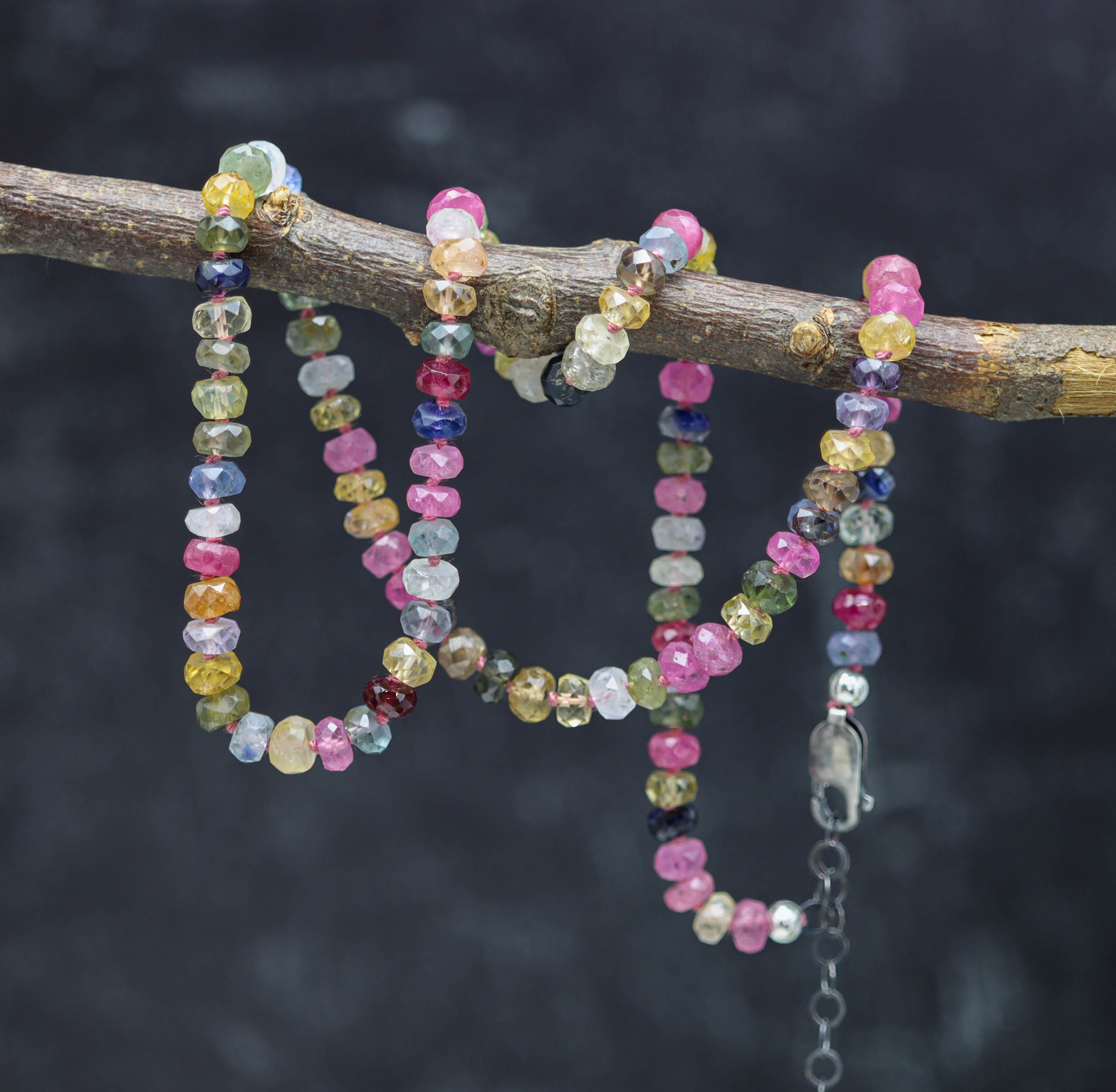 Multi Colored Sapphire Hand Knotted Bead Necklace Sterling Silver 18 inch